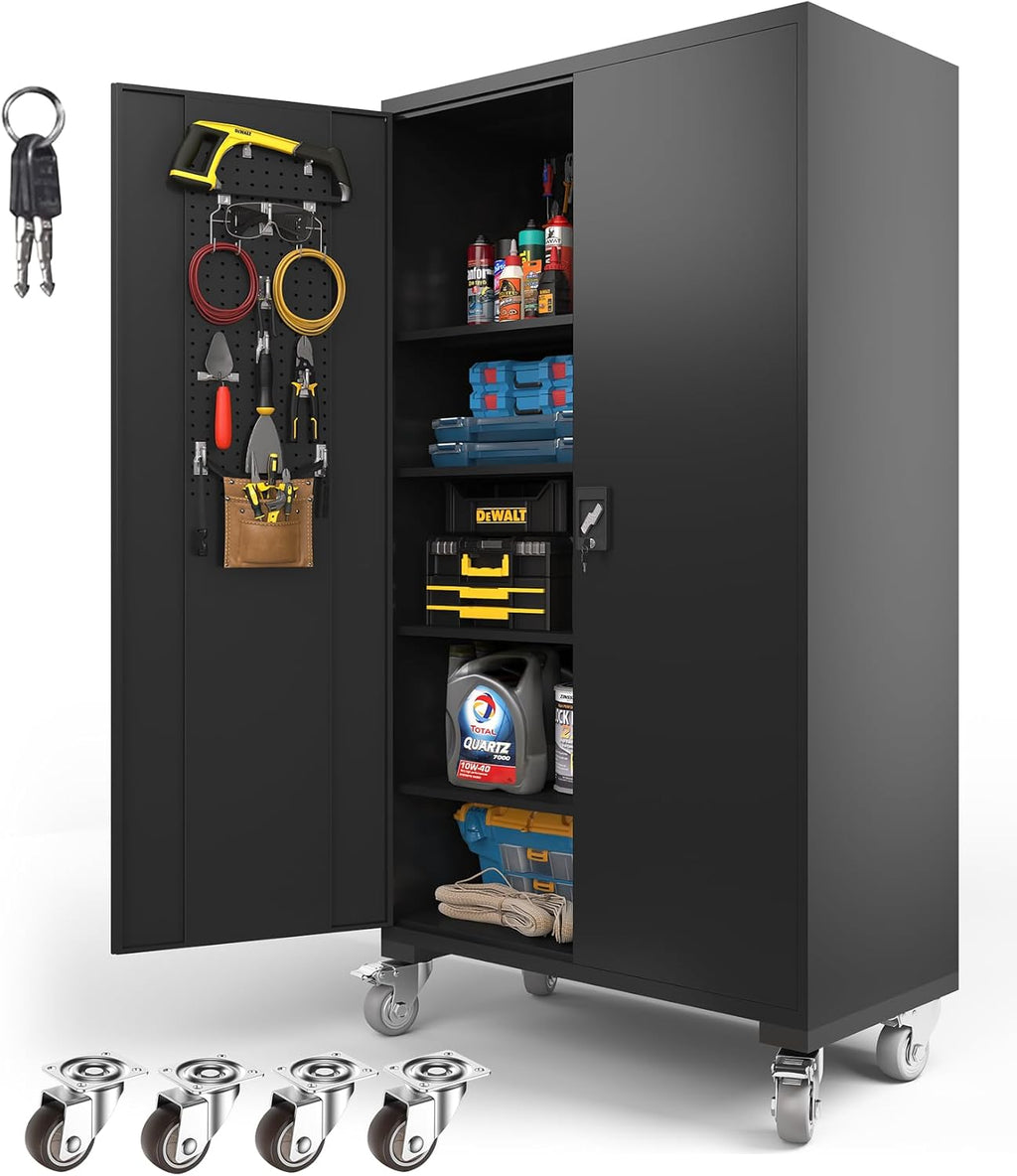 Upgraded Wide Metal Storage Cabinet - 72 Inch Black Lockable Garage Cabinet with Wheels & 4 Adjustable Shelves | Heavy-Duty Steel Cabinet for Garage, Office, Pantry, Gym