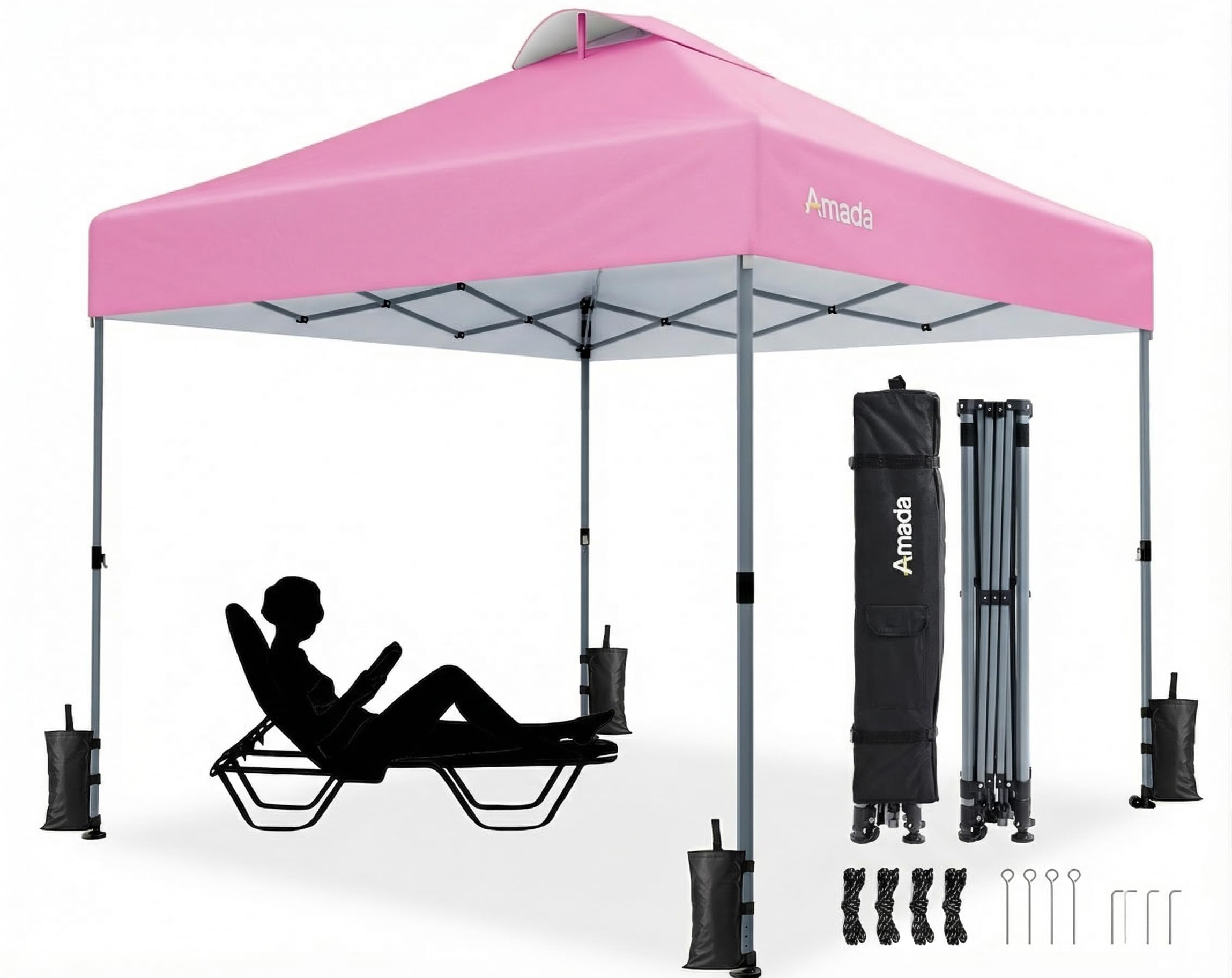 Amada 10x10 Pop Up Canopy Tent, 1-Button Push Easy-up Outdoor Canopy Beach Tent with 3-Height Adjustable Waterproof Shade Shelter, Wheeled STO-N-Go Bag 8 Stakes, 4 SandBags (Khaki)