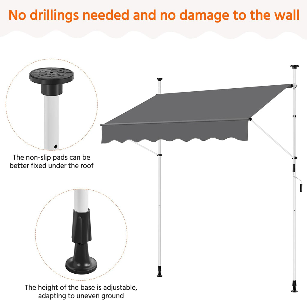 Yaheetech Manual Retractable Awning, 78"×118" Outdoor Sunshade Shelter Angle & Height Adjustable NO Drilling Patio Door Window Awnings, Canopy with UV Protection for Backyard, Dark Gray