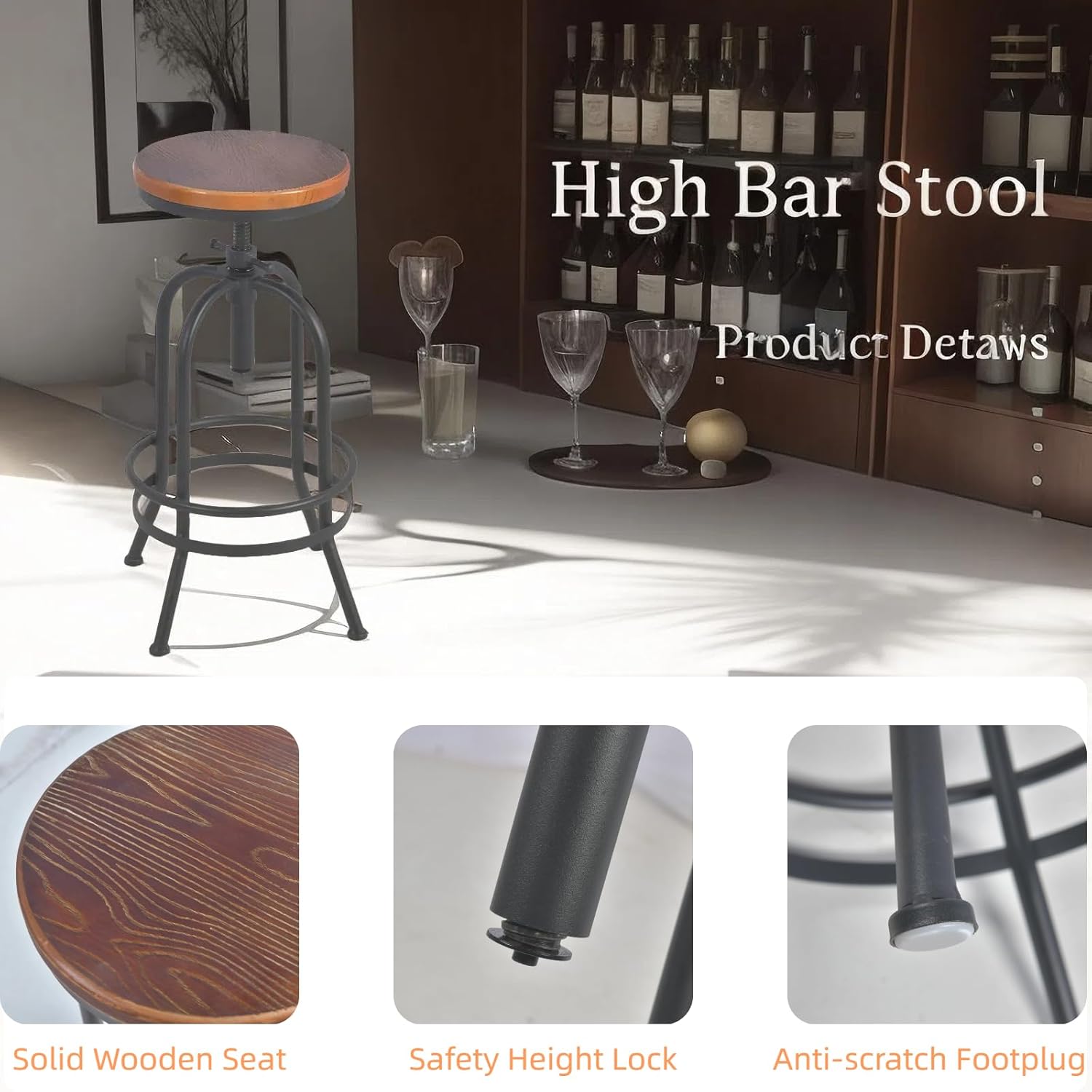 Set of 2-Industrial Bar Stool-Retro 26-32.3inch Swivel Stools-Extra Tall Kitchen Chair-Bar Counter Height Adjustable-Fully Welded (Black 2PCS)