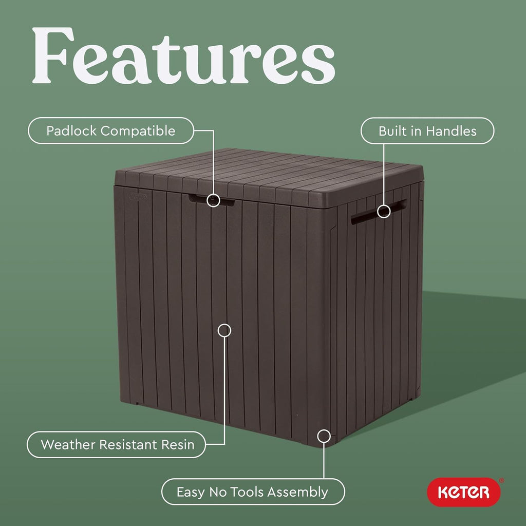 Keter City 30 Gallon Resin Outdoor Storage Box and Patio Furniture Side Table for Pool and Garden Accessories, Brown