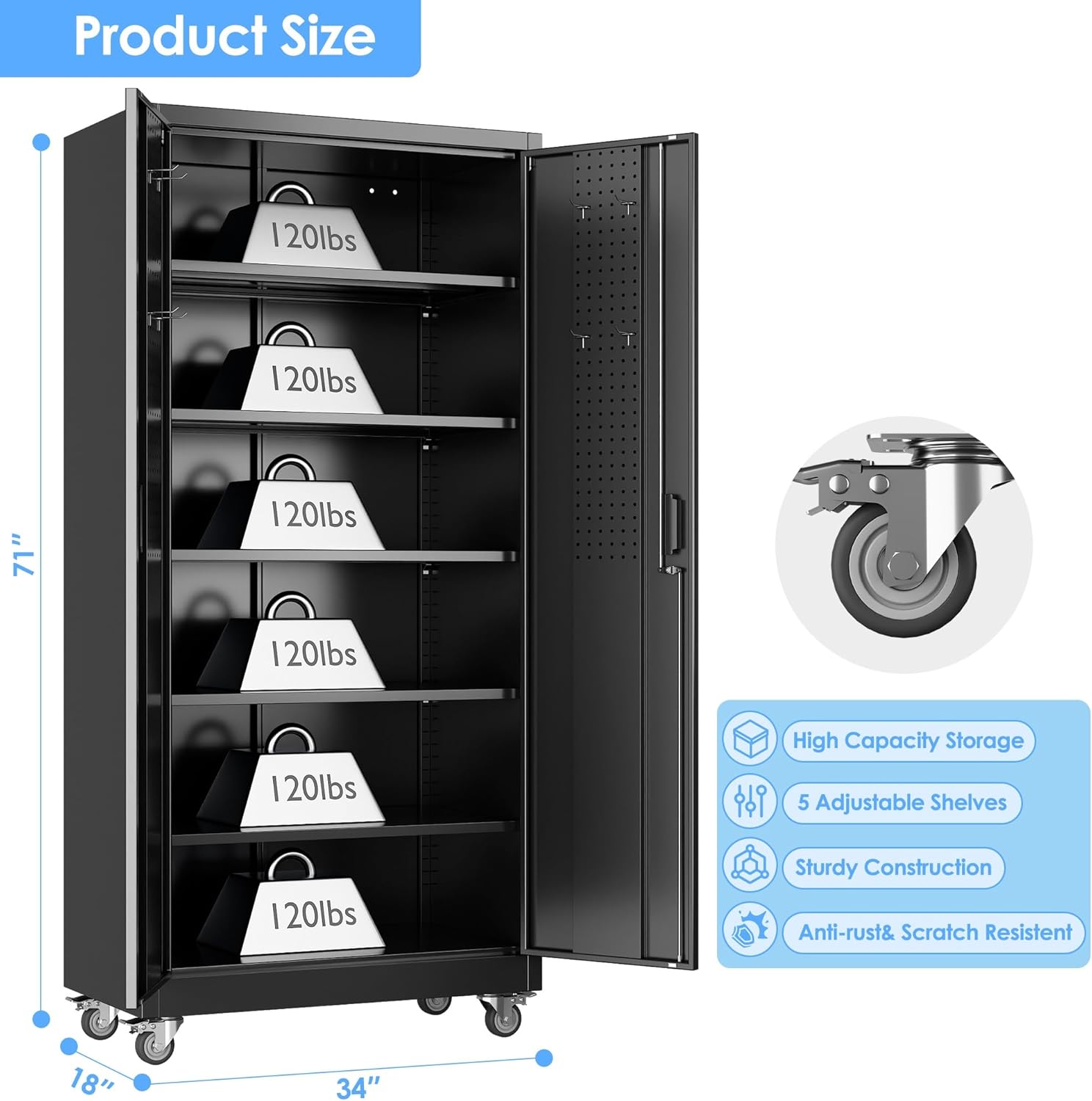 SUXXAN Heavy Duty Metal Storage Cabinet with Wheels and Pegboard, 71" Tall Industrial Steel Cabinet with 5 Adjustable Shelves & Locking Doors for Garage, Office, Pantry, Warehouse, Black
