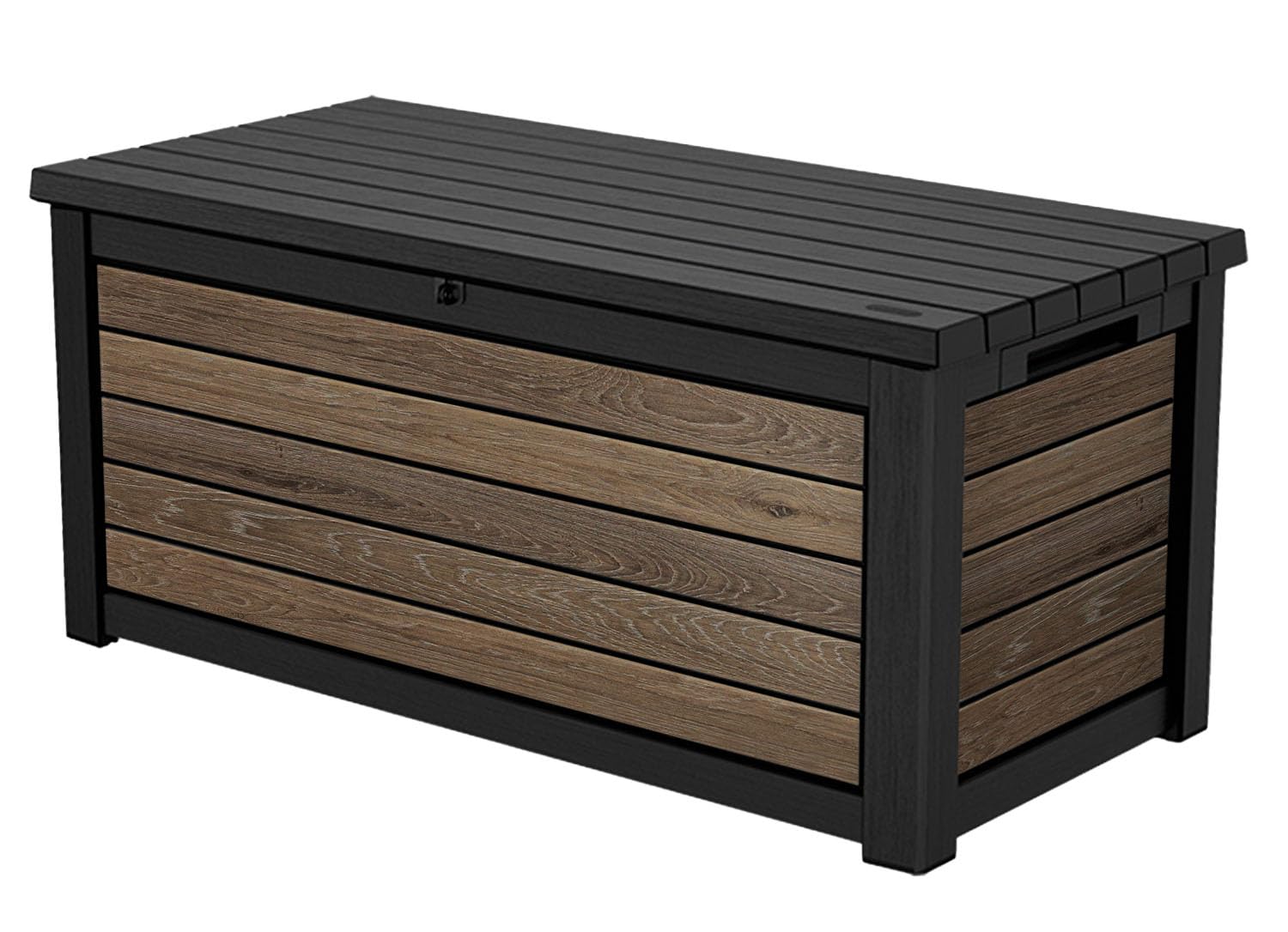 Keter Signature Everwood 30 Gallon Resin Outdoor Storage Box and Patio Furniture Side Table for Pool and Garden Accessories, Walnut
