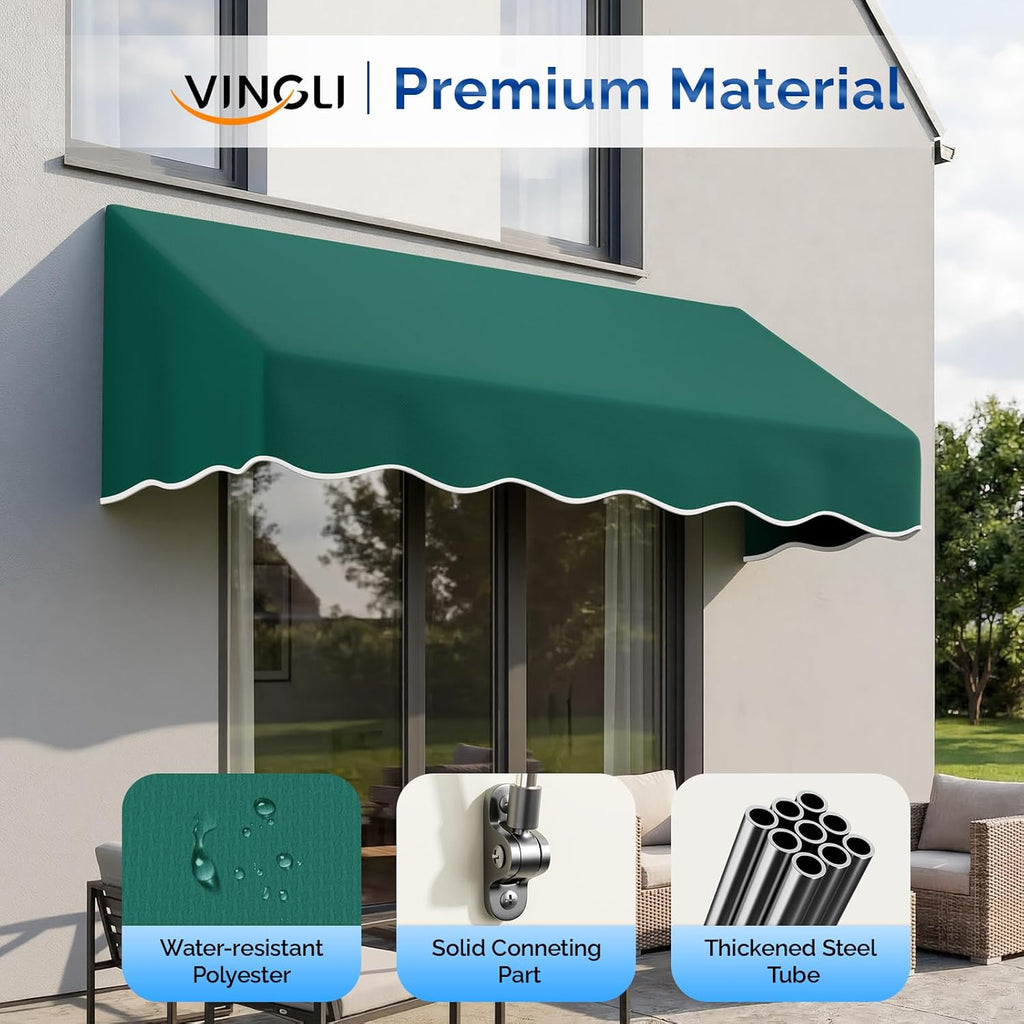 VINGLI 6x2 FT Outside Window Awning, Door Awnings for Sunshade & Waterproof, Patio Manual Retractable Awning for Door Entrance in Balcony, Backyard, Garden, Dark Green