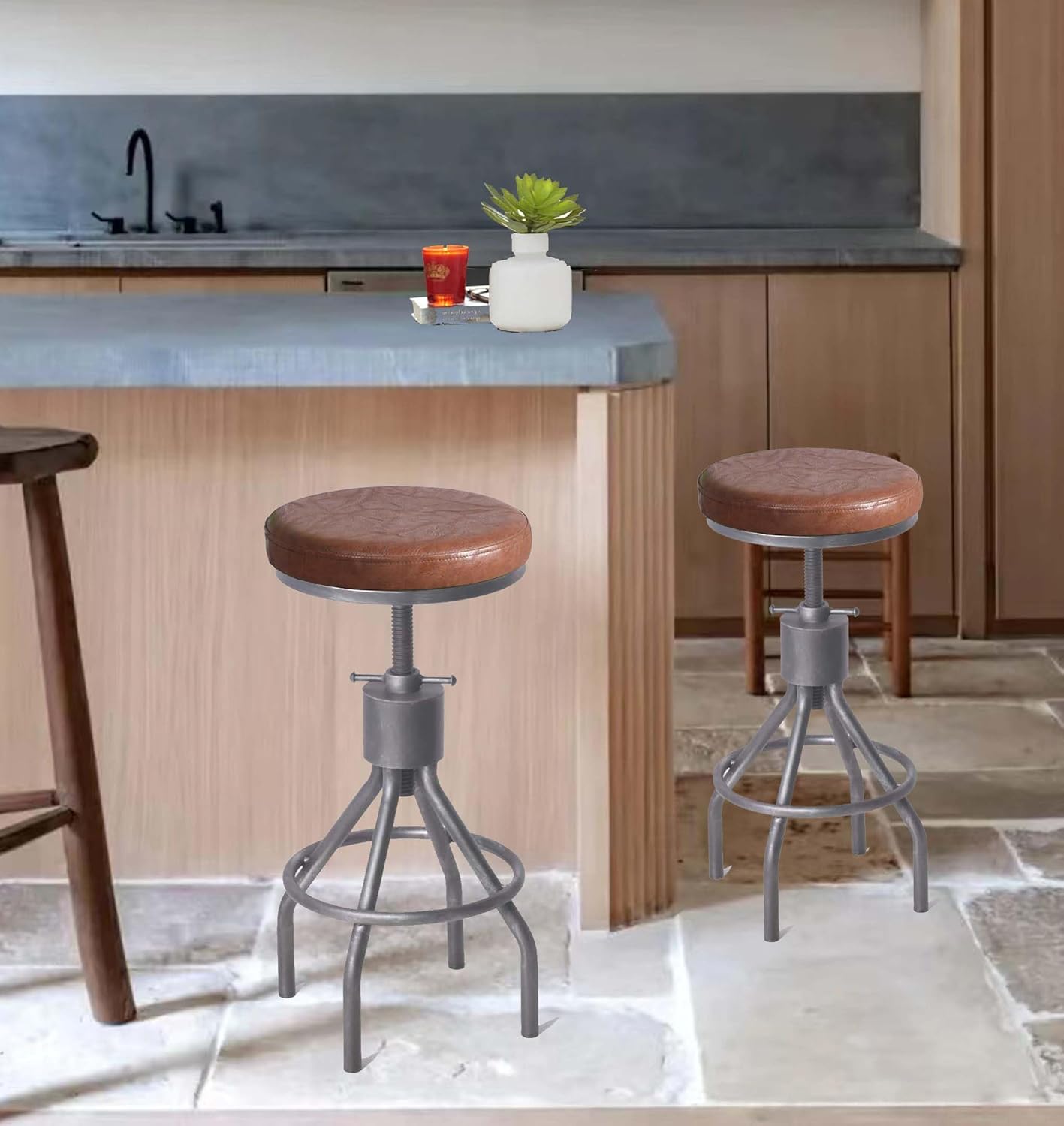 LOKKHAN Set of 2 Industrial Bar Stool-Vintage Adjustable PU Leather Metal Swivel Bar Stool-Cast Iron-23-30 Inch Tall Counter Bar Height Farmhouse Kitchen Stools