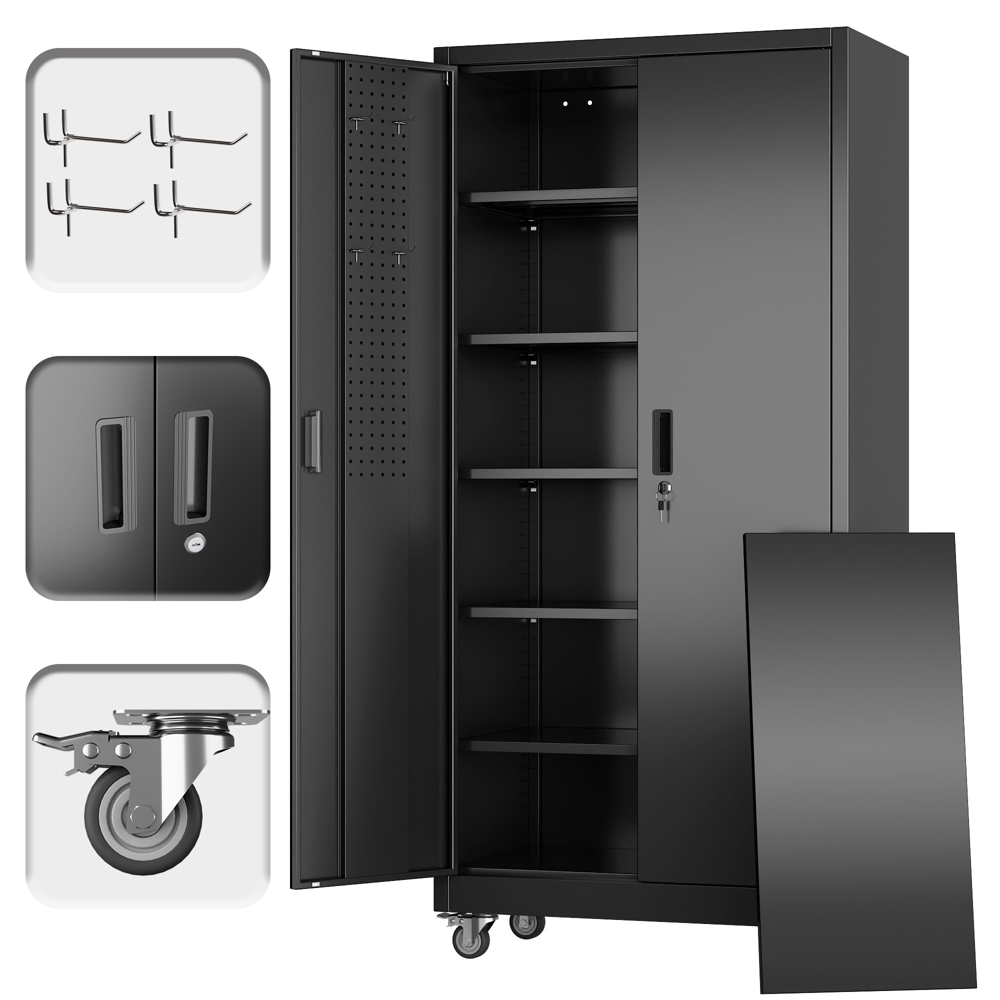 SUXXAN Metal Storage Cabinet with Wheels and Pegboard, 71" Tall Industrial Steel Cabinet with 5 Adjustable Shelves & Locking Doors, Rolling Garage Storage Cabinet for Office, Pantry, Home