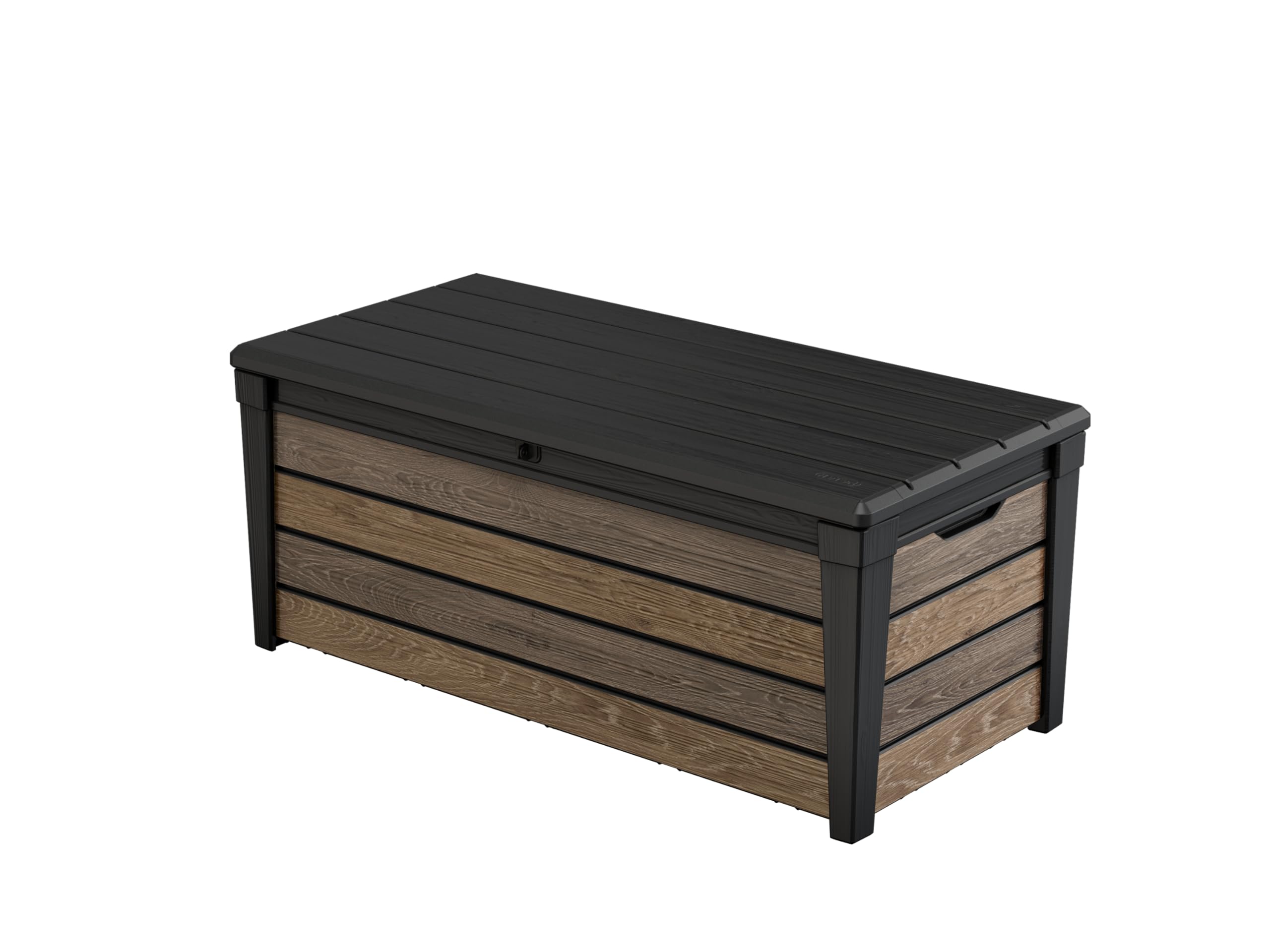 Keter Signature Everwood 30 Gallon Resin Outdoor Storage Box and Patio Furniture Side Table for Pool and Garden Accessories, Walnut