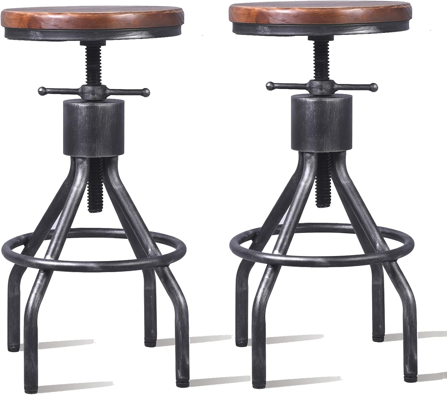 LOKKHAN Set of 2 Industrial Bar Stool-Vintage Adjustable Round Wood Metal Swivel Bar Stool-Cast Iron-23-30 Inch Tall Counter Bar Height Farmhouse Kitchen Stools