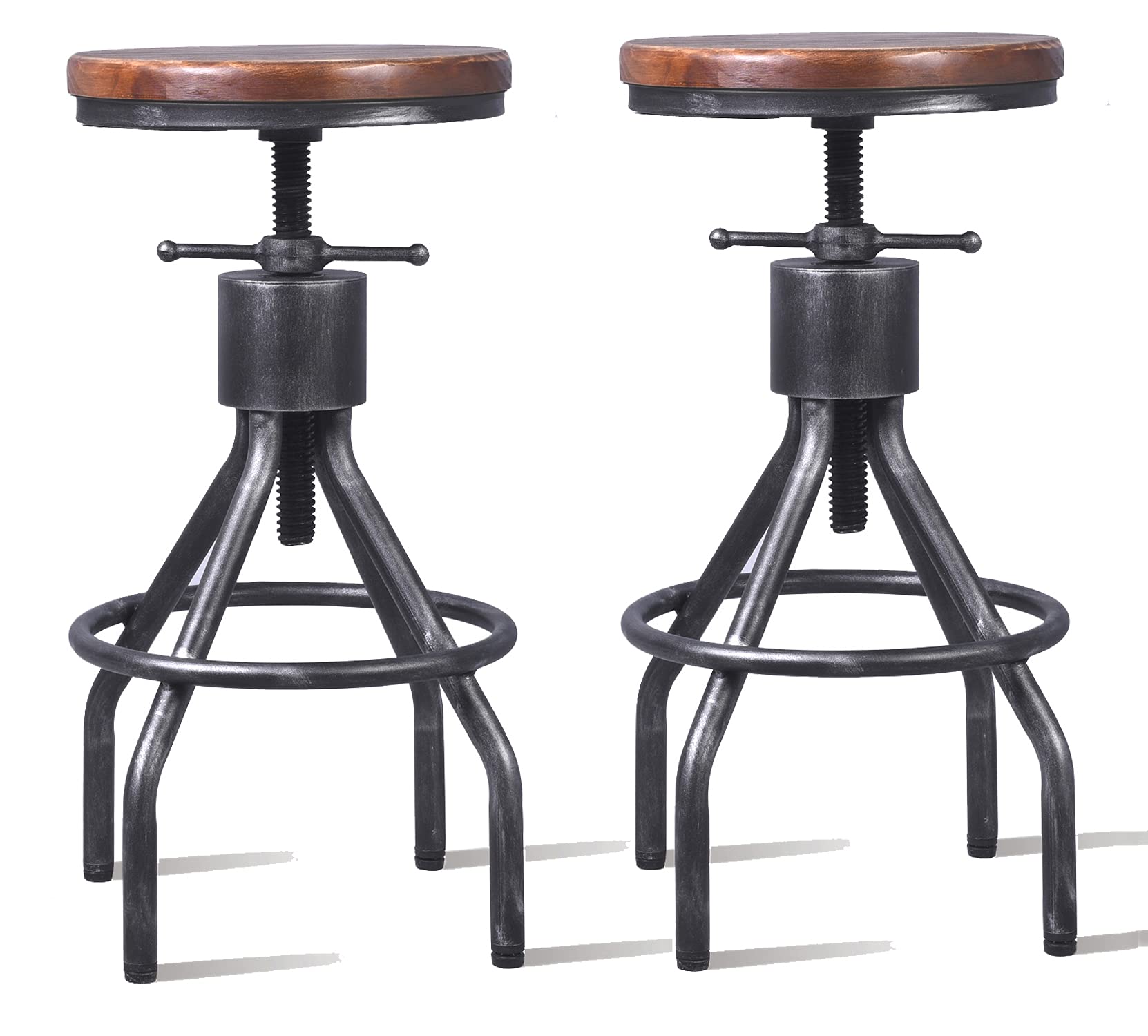 LOKKHAN Set of 2 Industrial Bar Stool-Vintage Adjustable PU Leather Metal Swivel Bar Stool-Cast Iron-23-30 Inch Tall Counter Bar Height Farmhouse Kitchen Stools