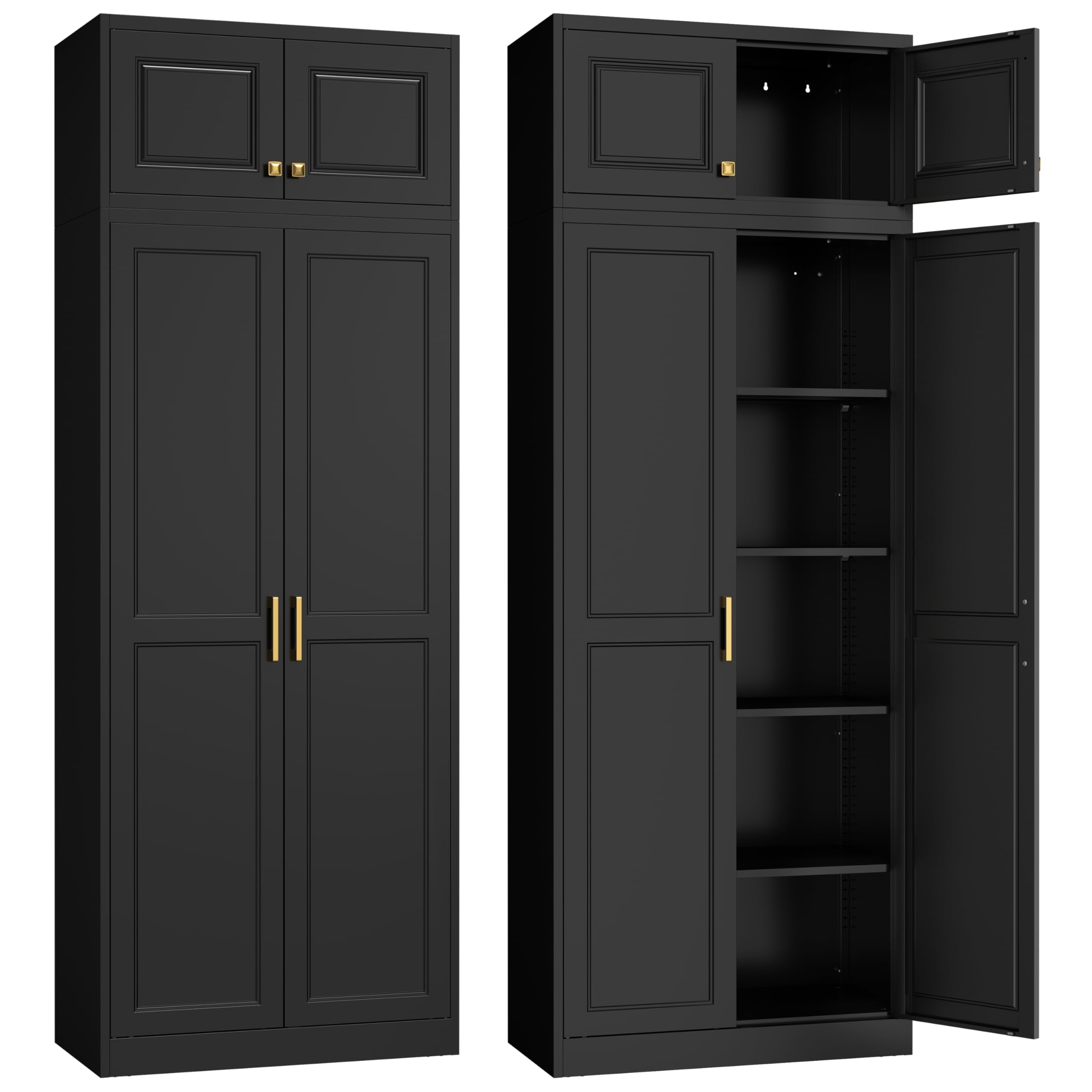 SteeLoong Kitchen Pantry Cabinet,71”Black Metal Pantry Storage Cabinet with Doors and 4 Adjustable Shelves,Kitchen Cabinet with 2 Gold Handles,Tall Cabinet for Livingroom,Pantry, Bathroom