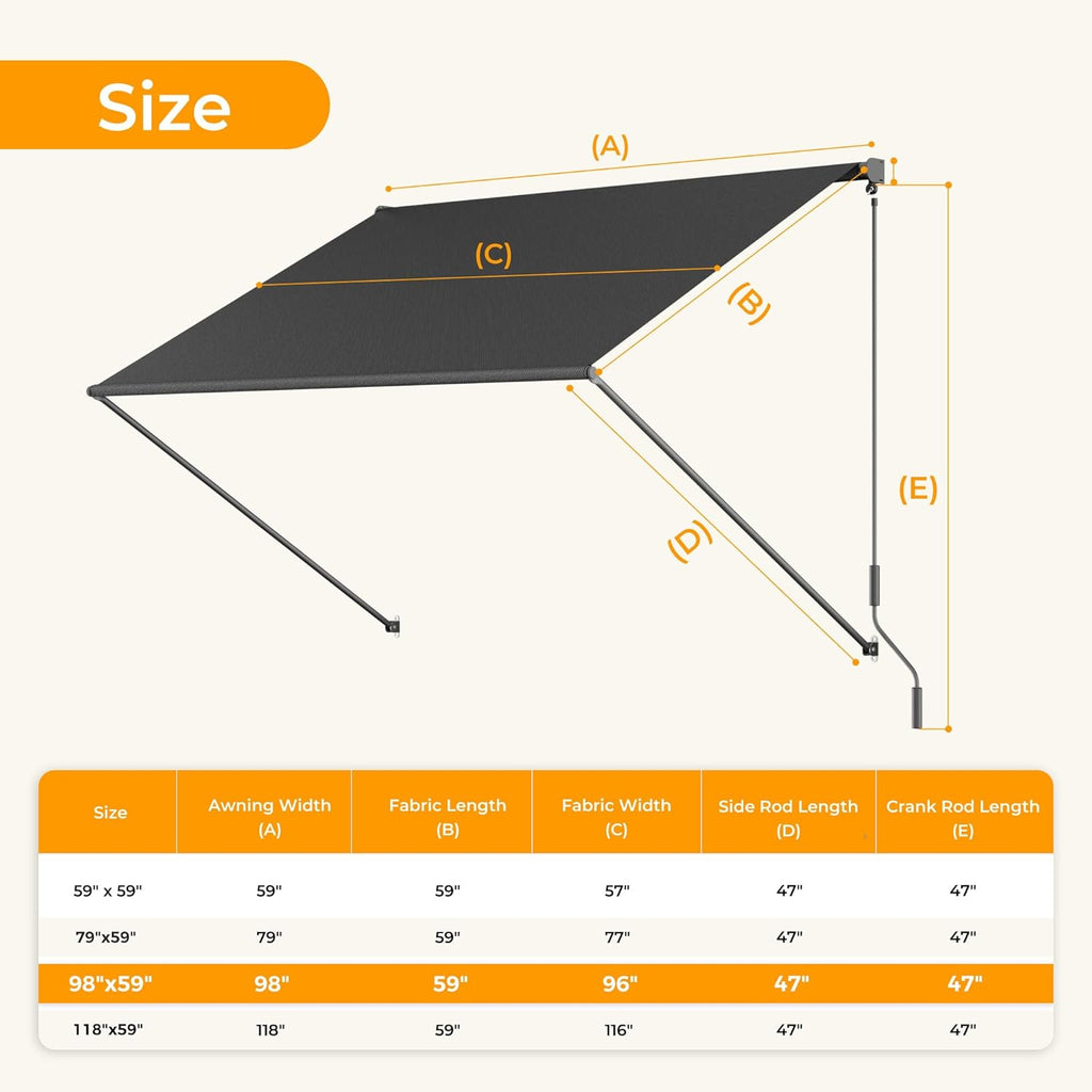 HOMEDEMO Small Retractable Window Awning 98"x59" Outdoor Patio Awning, Sun Shade Shelter with Waterproof UV-Resistant Fabric for Window, Door, Coffee Shop, RV