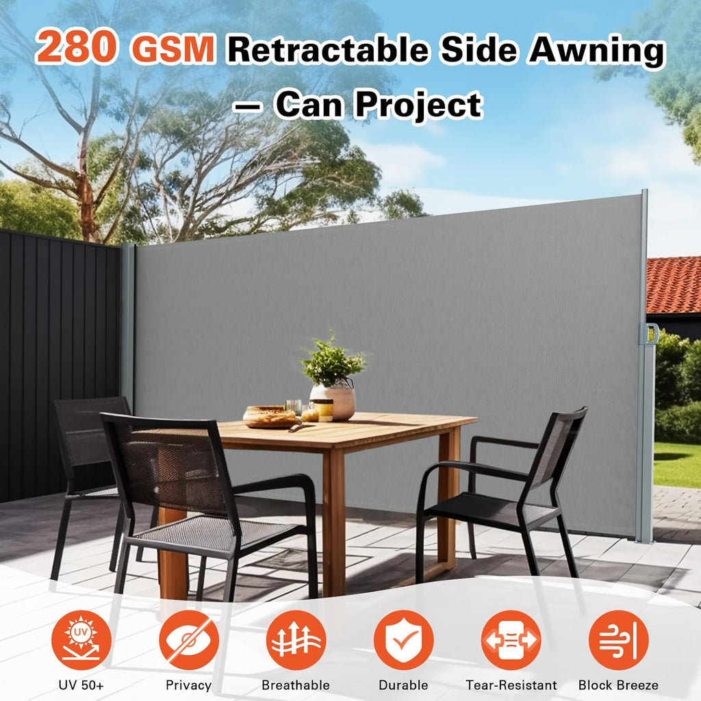 KANAGAWA 71'' x 138'' Retractable Side Awning - Folding Privacy Screen | Waterproof & UV-Resistant Outdoor Shade Divider for Patio, Garden, Balcony & Commercial Use(Light Grey)
