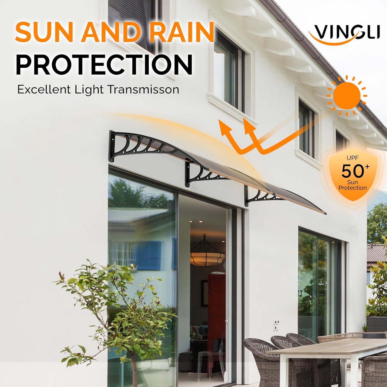 VINGLI Window Awning Door Canopy Exterior, 40" x 80" Awnings for Doors Polycarbonate Cover Patio Door Awning Rain Snow Sunlight Protection Hollow Sheet (Brown Board & Black Bracket)