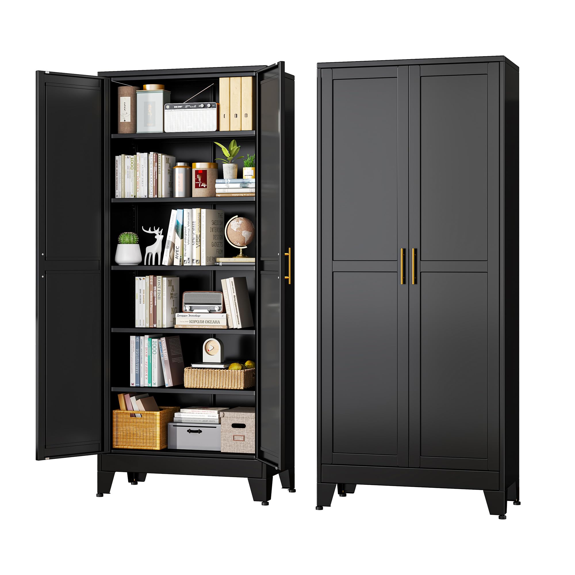 Black Metal Storage Cabinet, 61" Steel Cabinets for Home Office, Kitchen Pantry Storage Cabinet with Doors and 3 Adjustable Shelves, Metal Tool Cabinet, for Office, Home, Garage, School