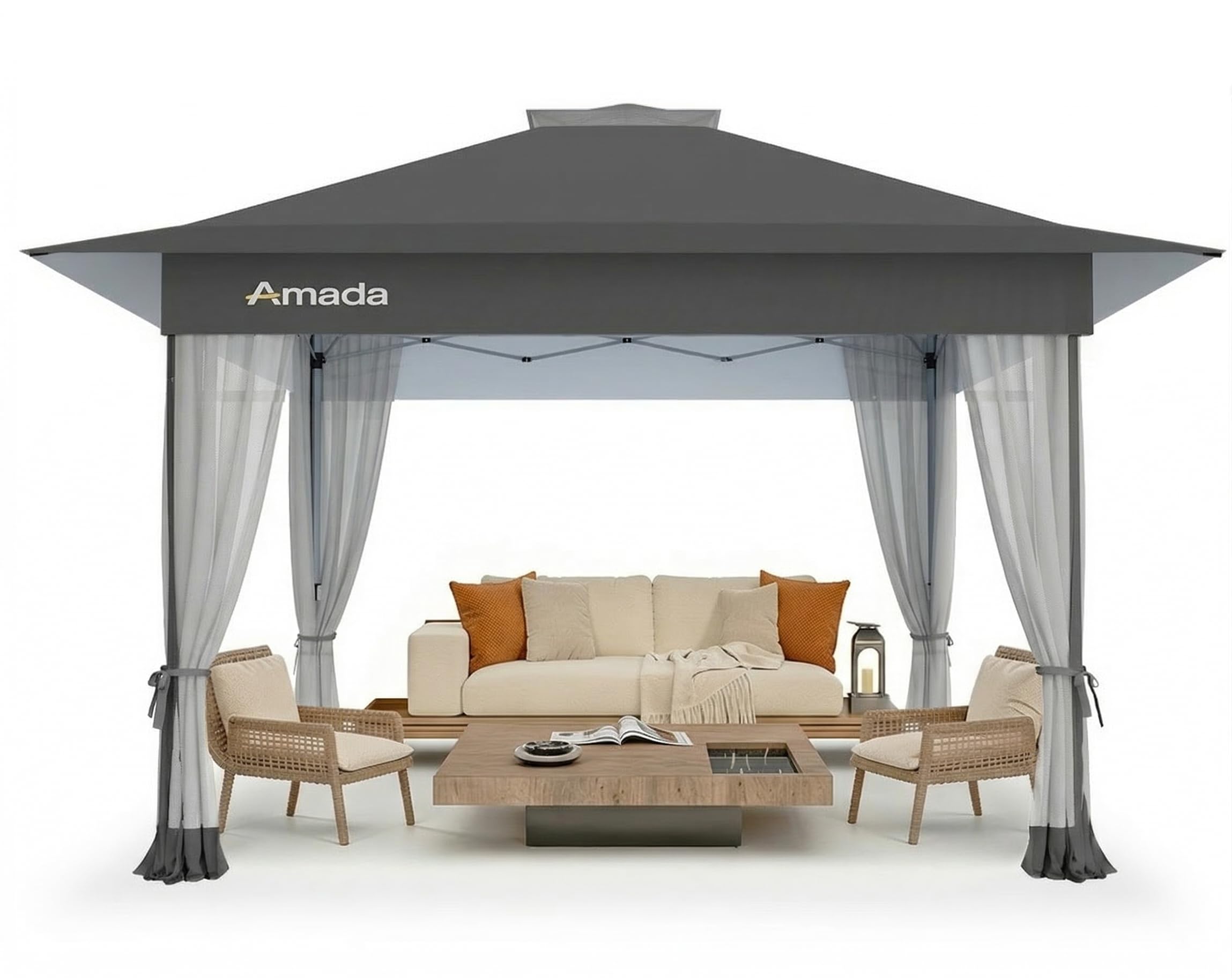 Amada 10x10 Pop Up Canopy Tent, 1-Button Push Easy-up Outdoor Canopy Beach Tent with 3-Height Adjustable Waterproof Shade Shelter, Wheeled STO-N-Go Bag 8 Stakes, 4 SandBags (Khaki)