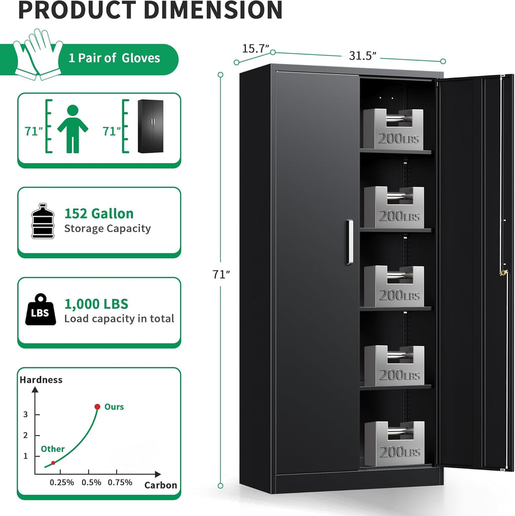 Metal Garage Storage Cabinet with Doors and Adjustable Shelves, 71" Tall Locker Organizer Steel Garage Cabinets, Lockable File Cabinet for Home, Office, Warehouse, Tools