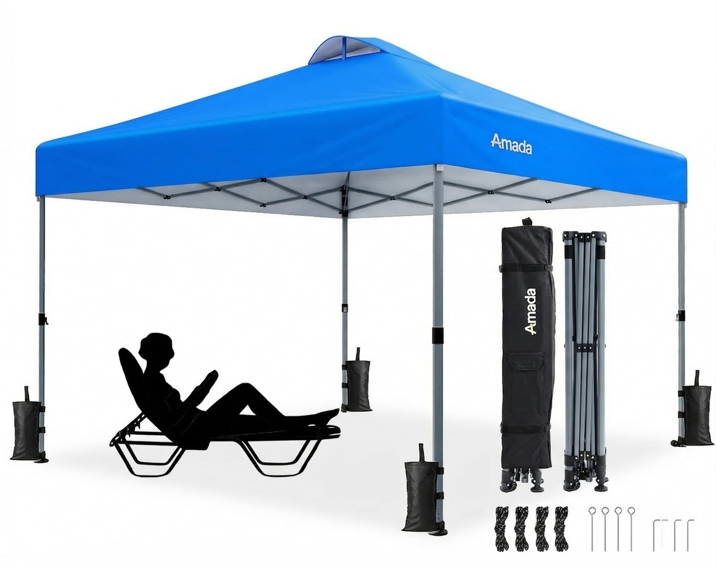 Amada 10x10 Pop Up Canopy Tent, 1-Button Push Easy-up Outdoor Canopy Beach Tent with 3-Height Adjustable Waterproof Shade Shelter, Wheeled STO-N-Go Bag 8 Stakes, 4 SandBags (Khaki)