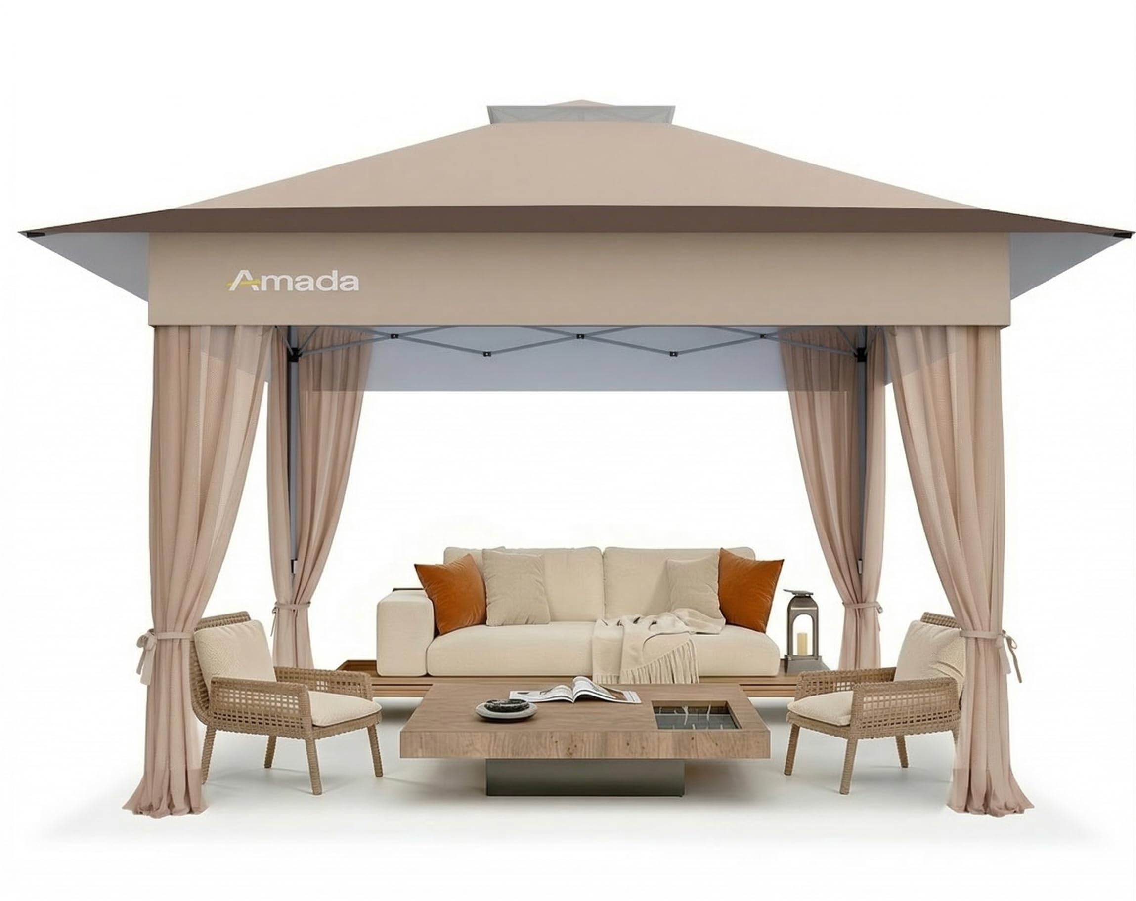 Amada 10x10 Pop Up Canopy Tent, 1-Button Push Easy-up Outdoor Canopy Beach Tent with 3-Height Adjustable Waterproof Shade Shelter, Wheeled STO-N-Go Bag 8 Stakes, 4 SandBags (Khaki)