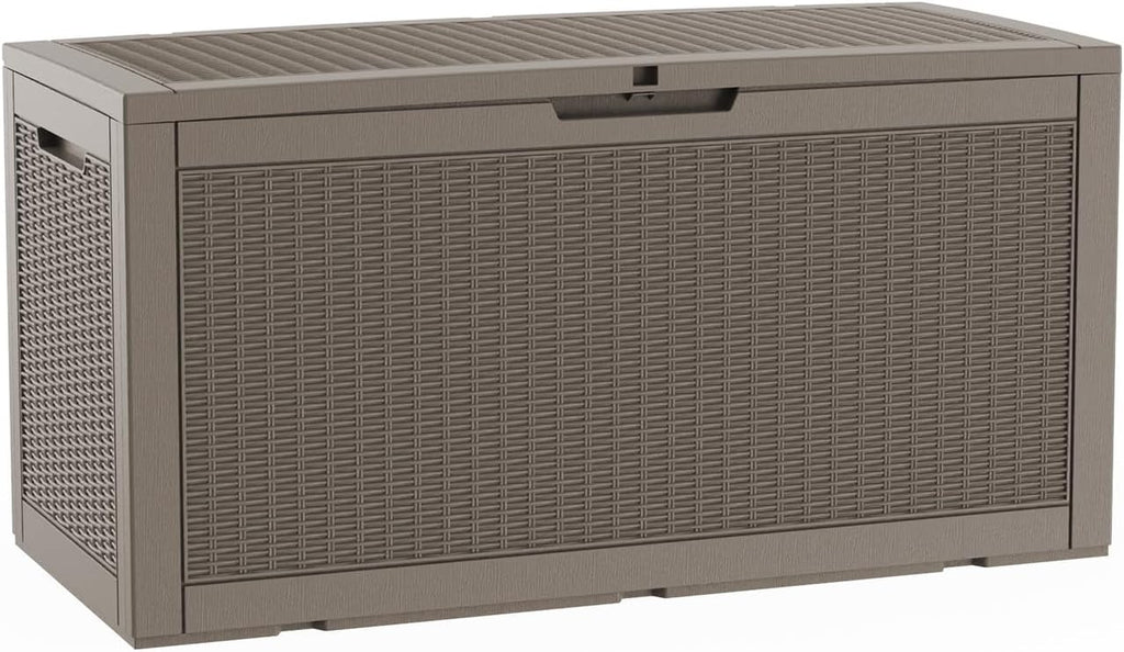 LAUSAINT HOME 100 Gallon Resin Deck Box for Outdoor Storage, Extra Large Waterproof Patio Storage Bench for Cushions and Garden Tools, Lockable Toy Box for Porch and Deck (Light Brown)
