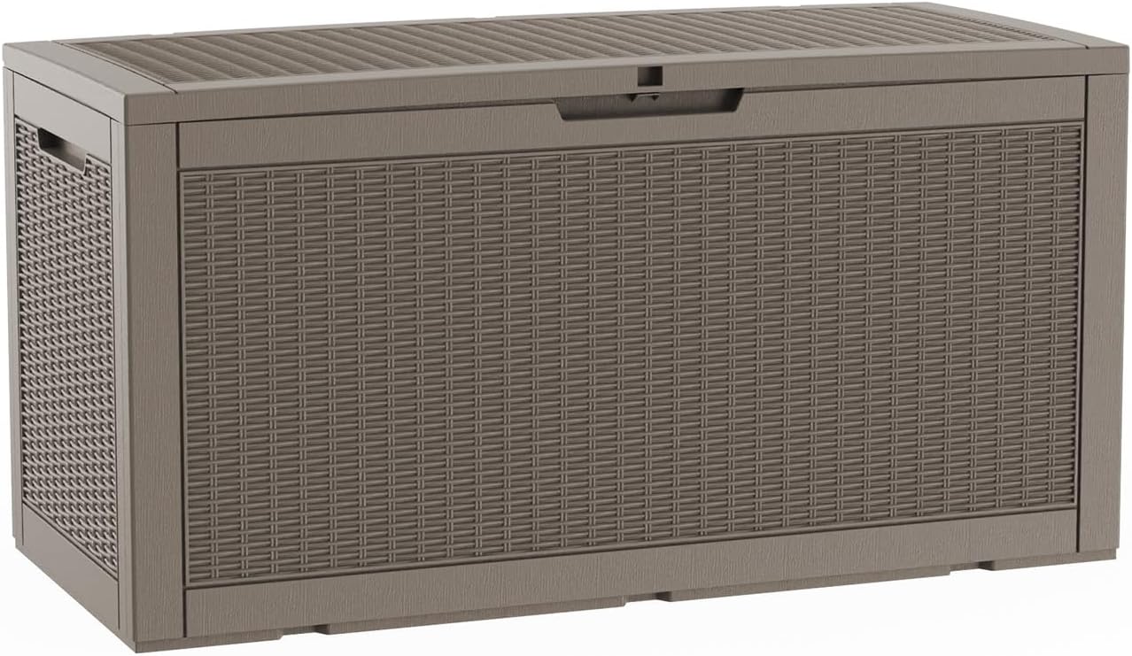 LAUSAINT HOME 100 Gallon Resin Deck Box for Outdoor Storage, Extra Large Waterproof Patio Storage Bench for Cushions and Garden Tools, Lockable Toy Box for Porch and Deck (Light Brown)
