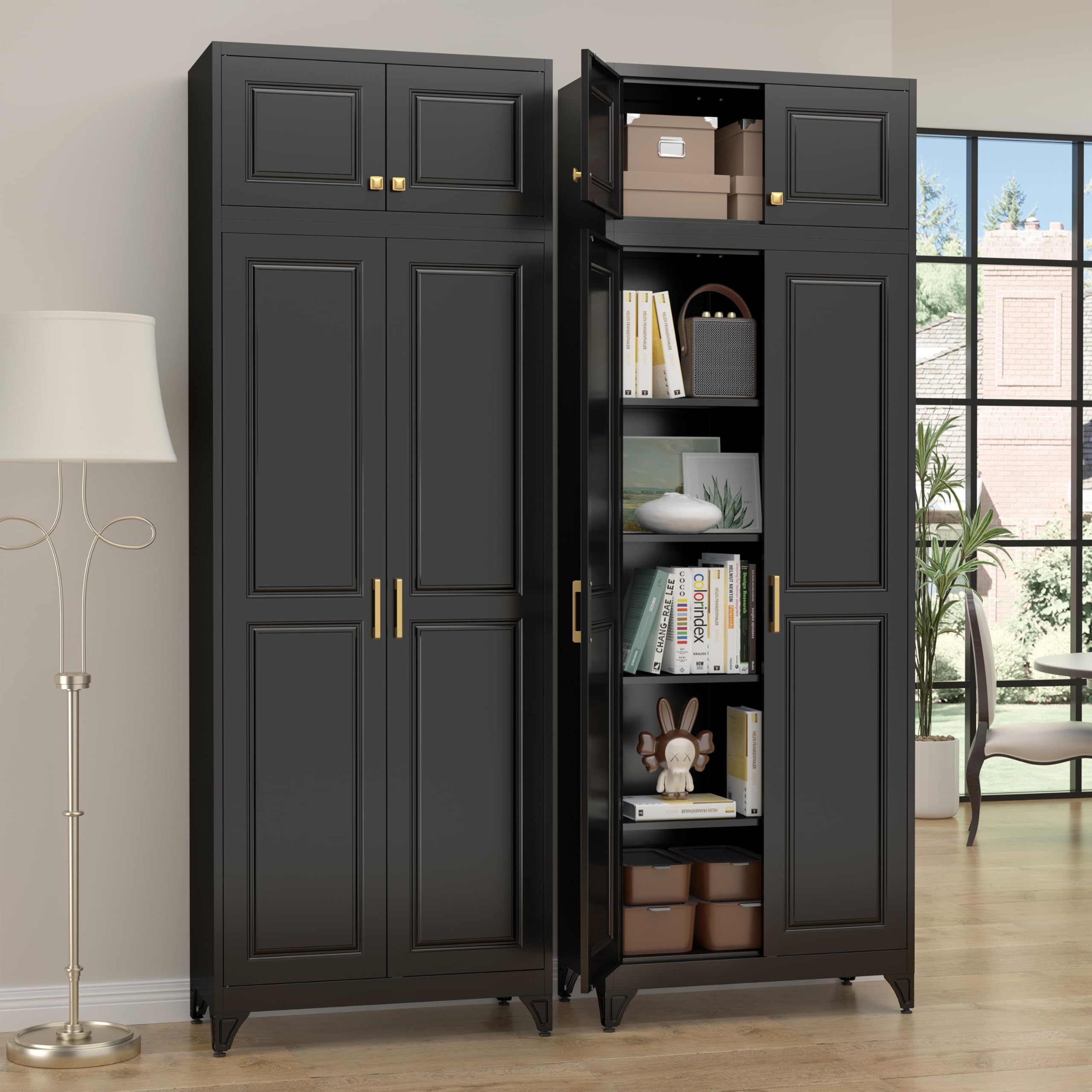 SteeLoong Kitchen Pantry Cabinet,71”Black Metal Pantry Storage Cabinet with Doors and 4 Adjustable Shelves,Kitchen Cabinet with 2 Gold Handles,Tall Cabinet for Livingroom,Pantry, Bathroom
