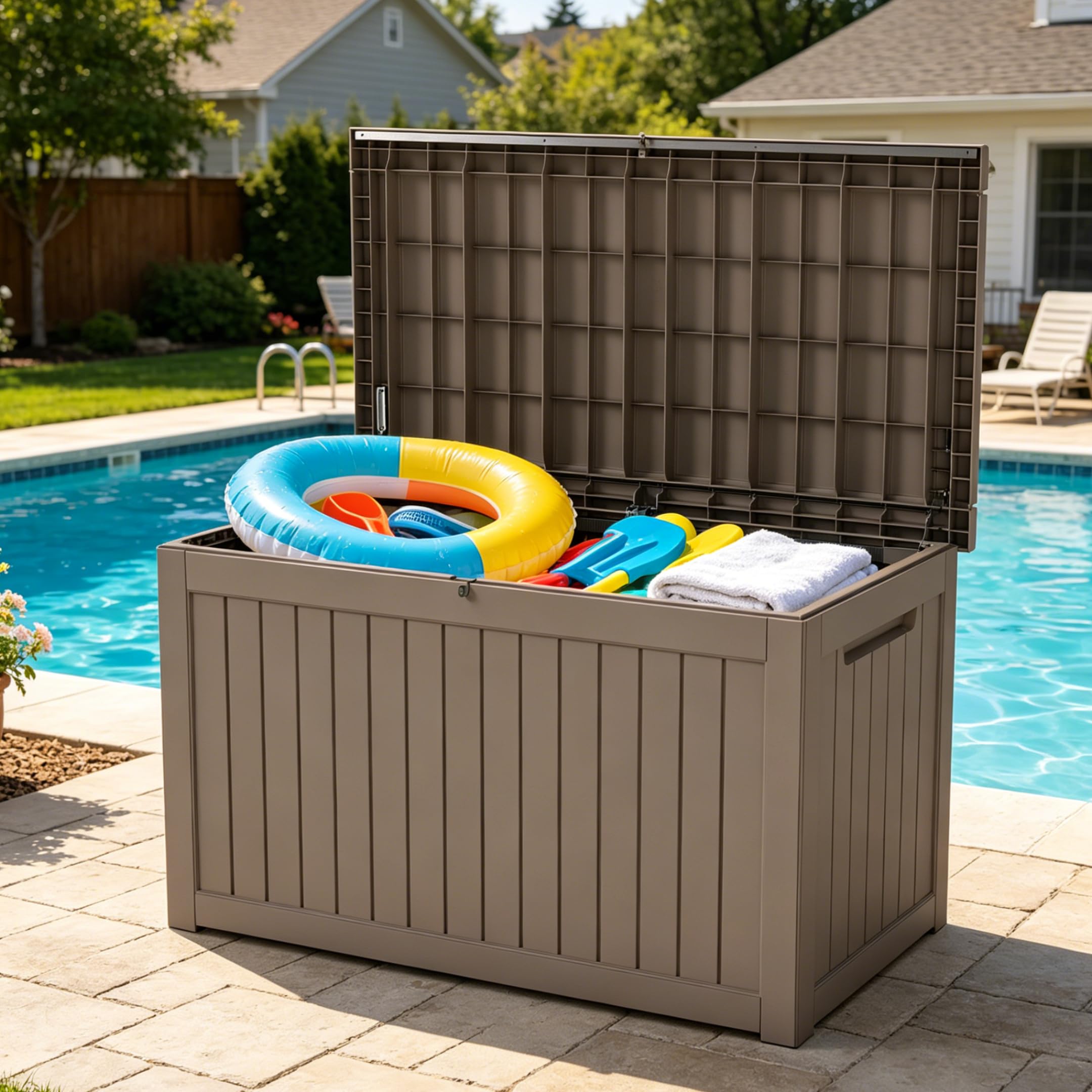 LAUSAINT HOME 100 Gallon Resin Deck Box for Outdoor Storage, Extra Large Waterproof Patio Storage Bench for Cushions and Garden Tools, Lockable Toy Box for Porch and Deck (Light Brown)