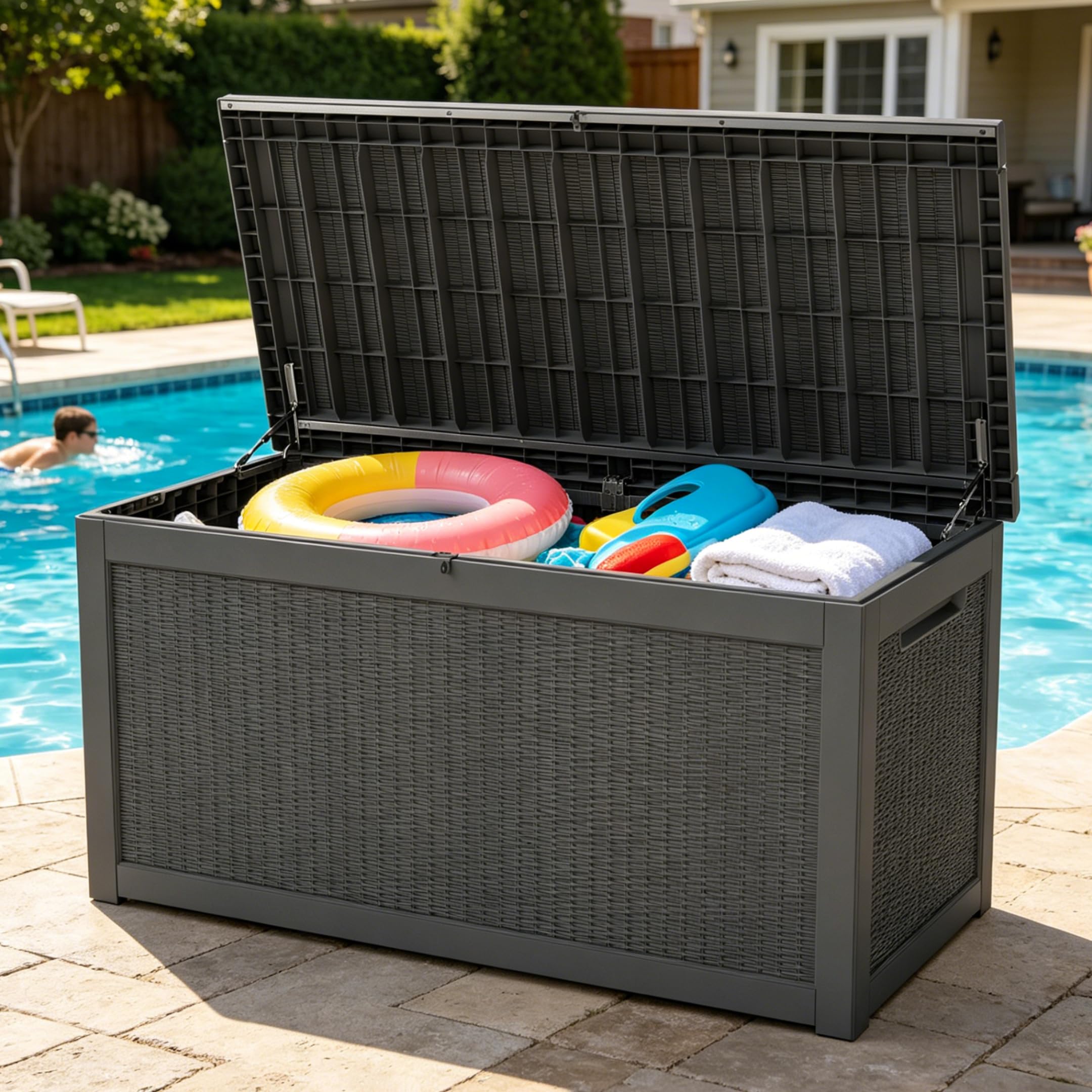 LAUSAINT HOME 100 Gallon Resin Deck Box for Outdoor Storage, Extra Large Waterproof Patio Storage Bench for Cushions and Garden Tools, Lockable Toy Box for Porch and Deck (Light Brown)
