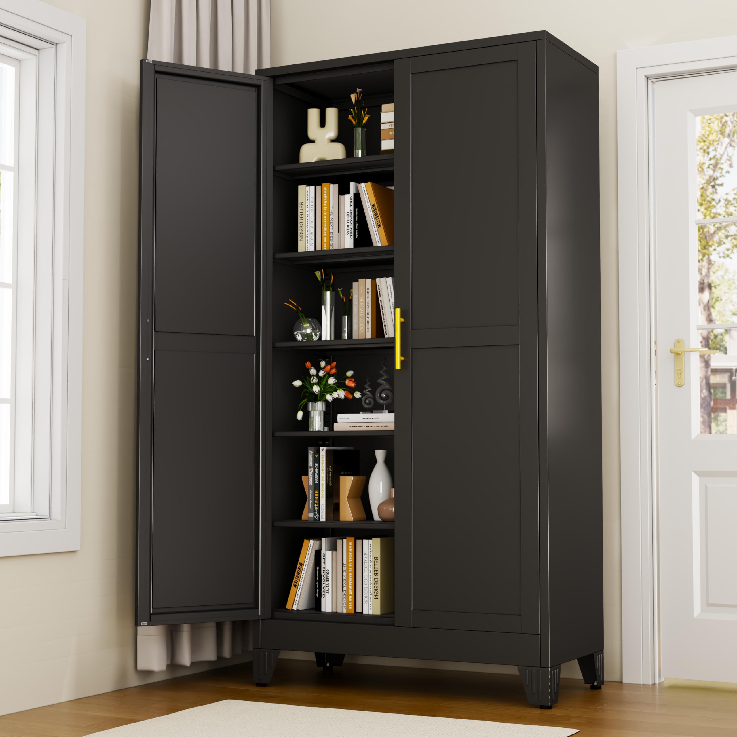 Black Metal Storage Cabinet, 61" Steel Cabinets for Home Office, Kitchen Pantry Storage Cabinet with Doors and 3 Adjustable Shelves, Metal Tool Cabinet, for Office, Home, Garage, School