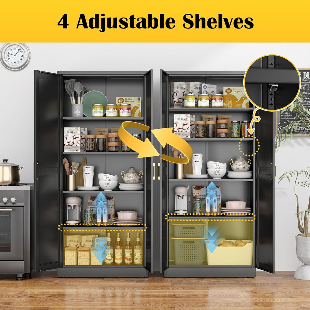 SteeLoong Kitchen Pantry Cabinet,71”Black Metal Pantry Storage Cabinet with Doors and 4 Adjustable Shelves,Kitchen Cabinet with 2 Gold Handles,Tall Cabinet for Livingroom,Pantry, Bathroom