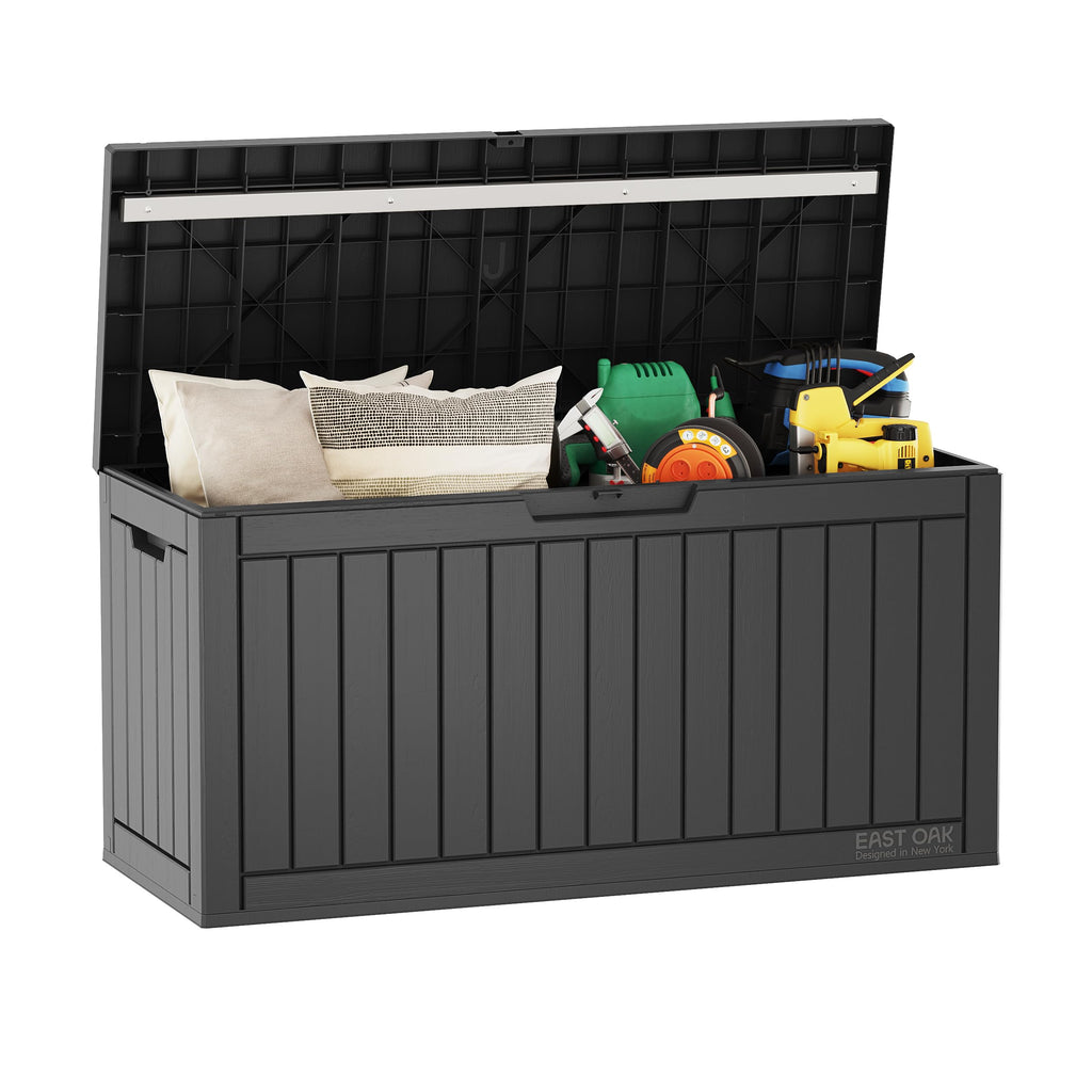 EAST OAK Outdoor Storage Box, 31 Gallon Deck Box Indoor and Outdoor Use, Waterproof Resin Storage Bin for Package Delivery, Patio Cushions, Gardening Tools, Lockable, UV Resistant, Grey