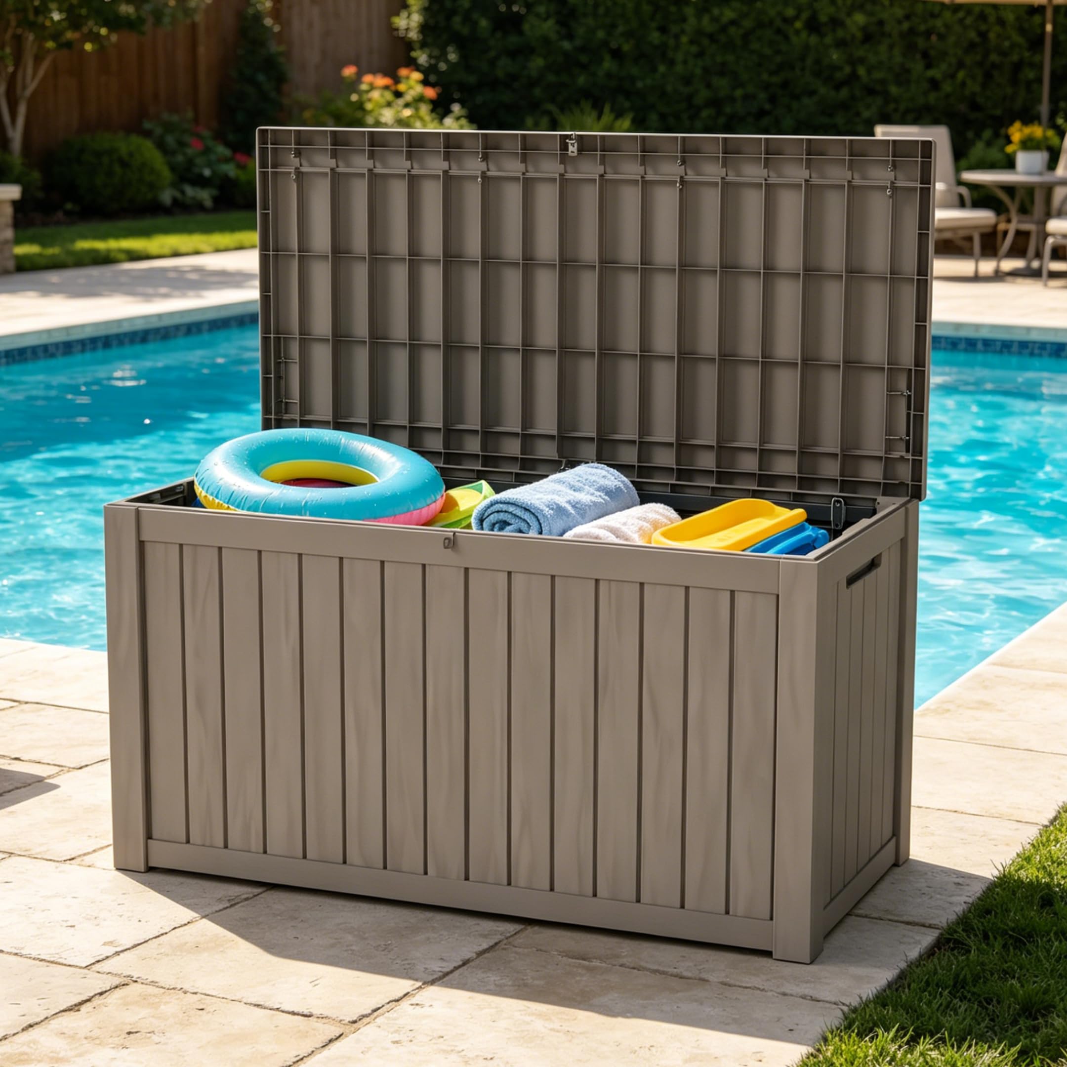 LAUSAINT HOME 100 Gallon Resin Deck Box for Outdoor Storage, Extra Large Waterproof Patio Storage Bench for Cushions and Garden Tools, Lockable Toy Box for Porch and Deck (Light Brown)