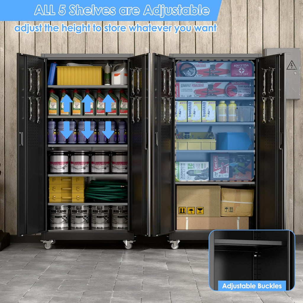 SUXXAN Heavy Duty Metal Storage Cabinet with Wheels and Pegboard, 71" Tall Industrial Steel Cabinet with 5 Adjustable Shelves & Locking Doors for Garage, Office, Pantry, Warehouse, Black