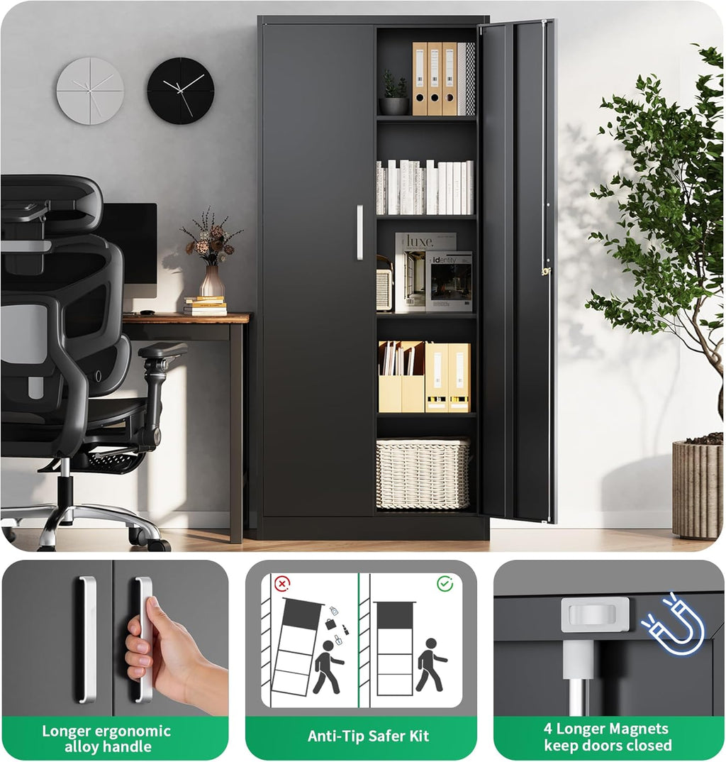 Metal Garage Storage Cabinet with Doors and Adjustable Shelves, 71" Tall Locker Organizer Steel Garage Cabinets, Lockable File Cabinet for Home, Office, Warehouse, Tools