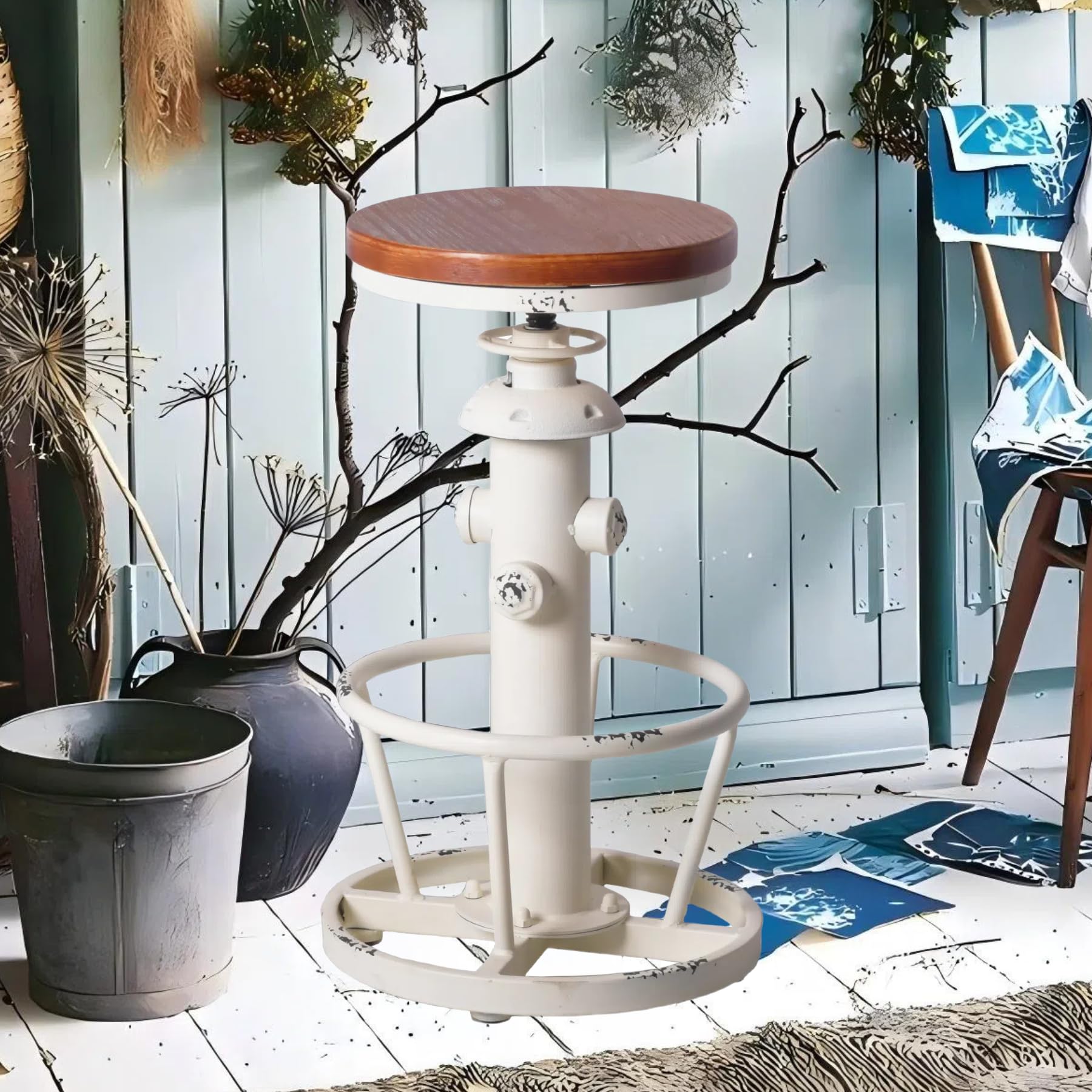 Topower Antique Industrial Round Bottom Adjustable Height Cafe Coffee Retro Vintage Stylish Water Pipe Design Pub Kitchen Bar Stool (Silver, PU Leather Top)