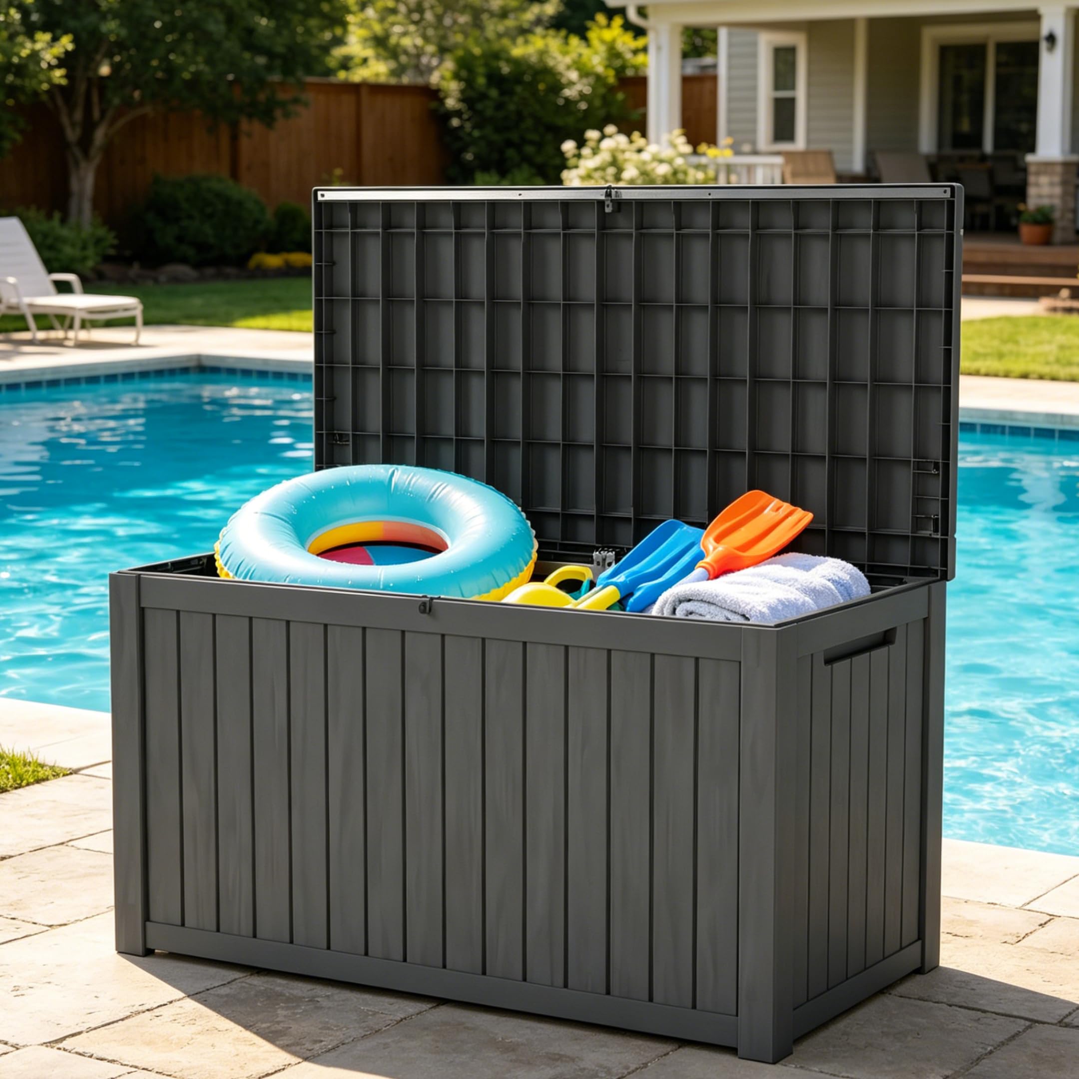 LAUSAINT HOME 100 Gallon Resin Deck Box for Outdoor Storage, Extra Large Waterproof Patio Storage Bench for Cushions and Garden Tools, Lockable Toy Box for Porch and Deck (Light Brown)