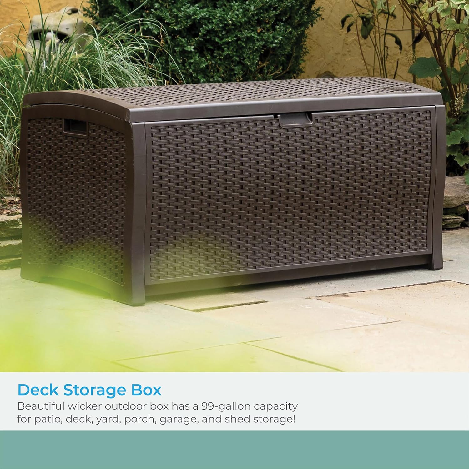 Suncast DBW9200 99 Gallon Outdoor Wicker resin Patio Storage Chest Bin with Handles for Patio, Garden, Garage, or Pool for All Weather, Mocha