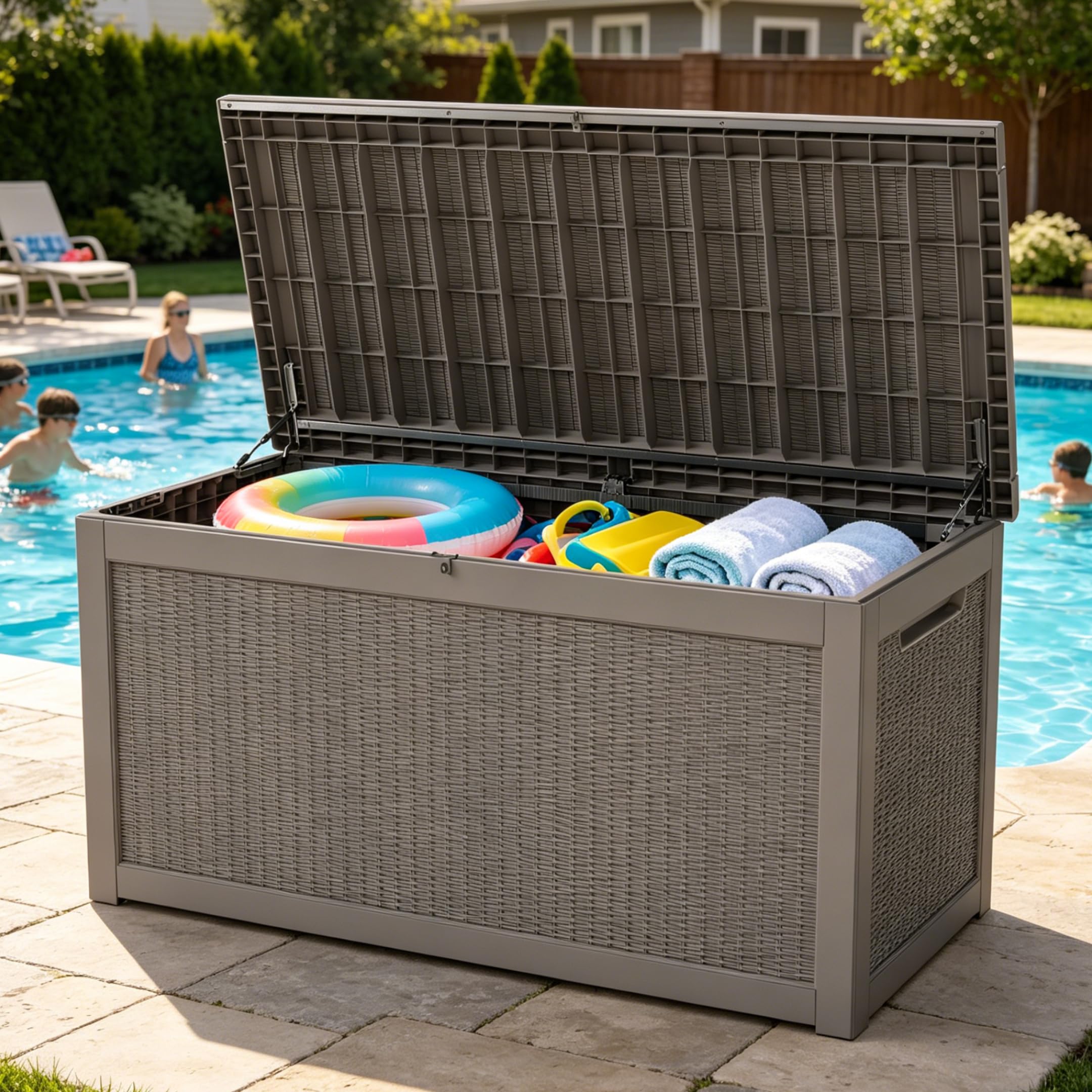 LAUSAINT HOME 100 Gallon Resin Deck Box for Outdoor Storage, Extra Large Waterproof Patio Storage Bench for Cushions and Garden Tools, Lockable Toy Box for Porch and Deck (Light Brown)