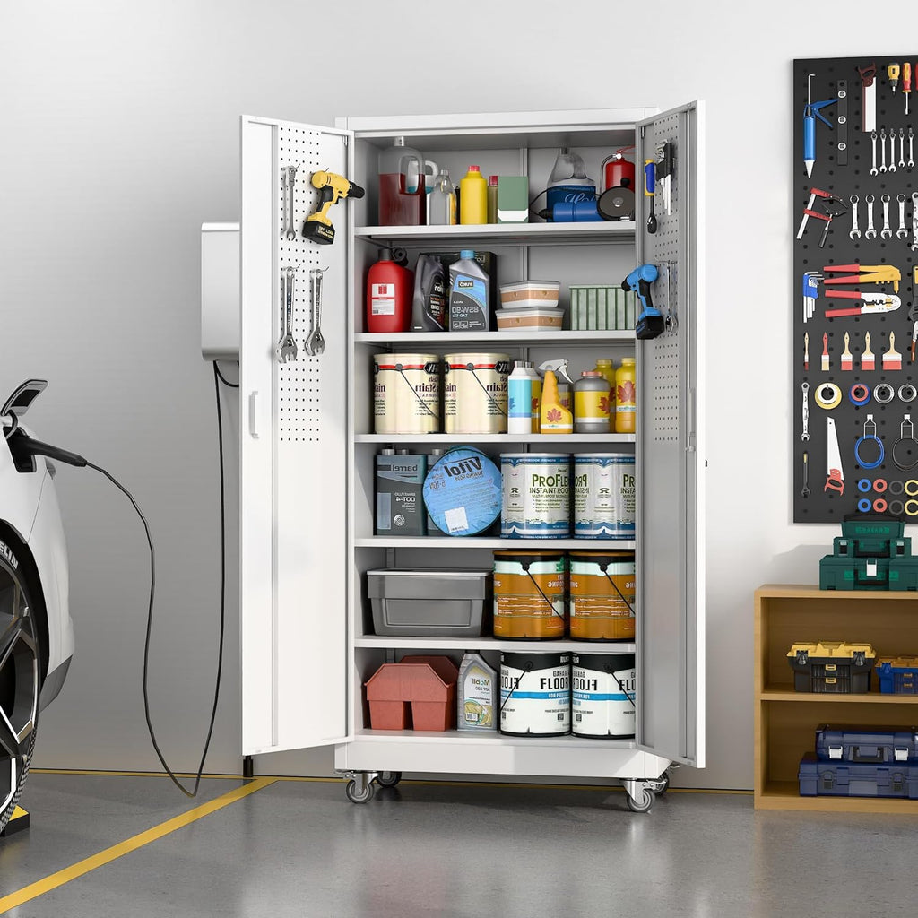 SUXXAN Metal Storage Cabinet with Wheels and Pegboard, 71" Tall Industrial Steel Cabinet with 5 Adjustable Shelves & Locking Doors, Rolling Garage Storage Cabinet for Office, Pantry, Home
