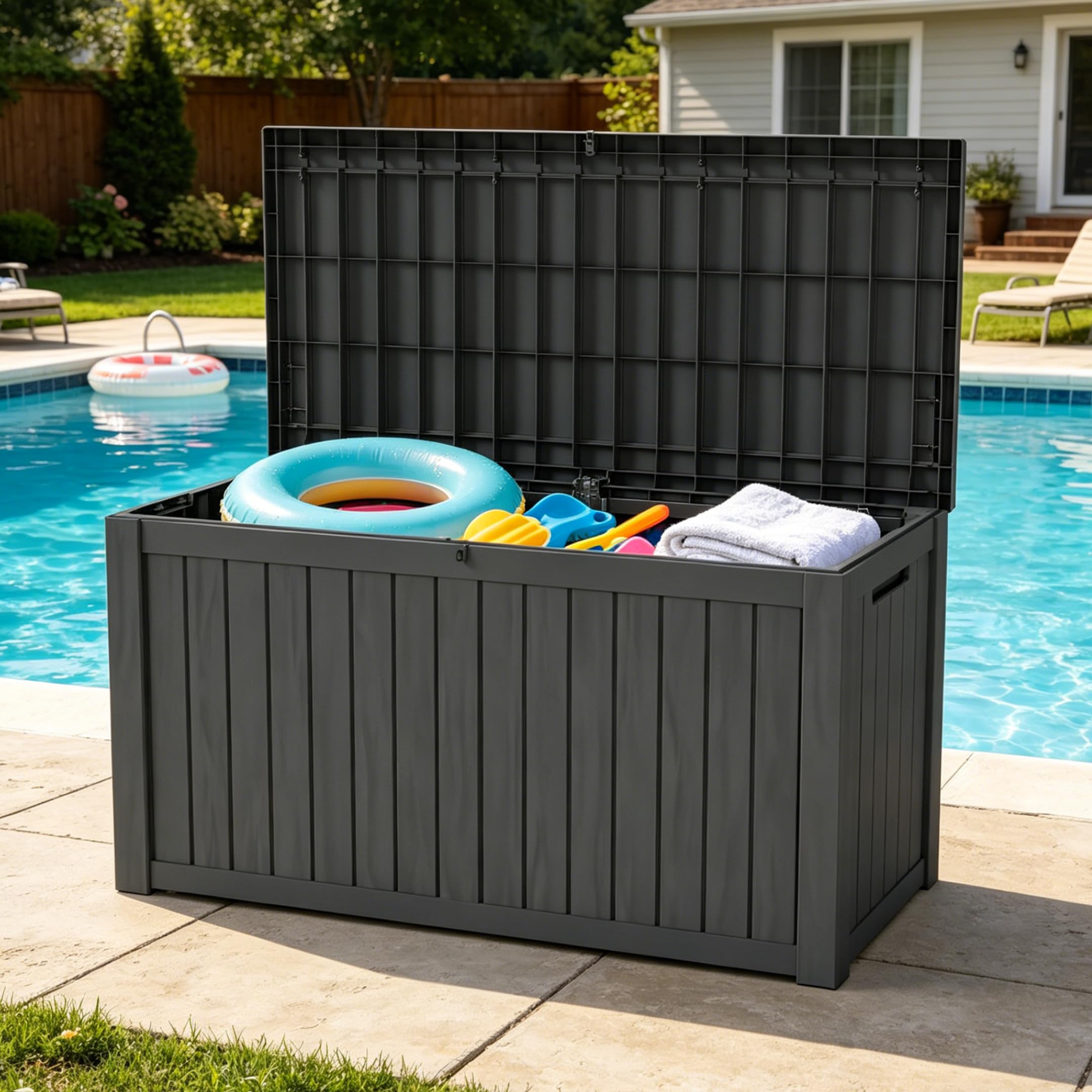 LAUSAINT HOME 100 Gallon Resin Deck Box for Outdoor Storage, Extra Large Waterproof Patio Storage Bench for Cushions and Garden Tools, Lockable Toy Box for Porch and Deck (Light Brown)