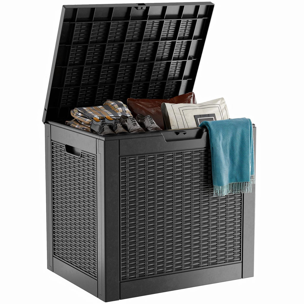 30 Gallon Outdoor Deck Box, Lockable Waterproof Outdoor Storage Boxes For Garden Tools,Indoor Cushions,Accessories Outside Storage Resin Weatherproof Container(Black)