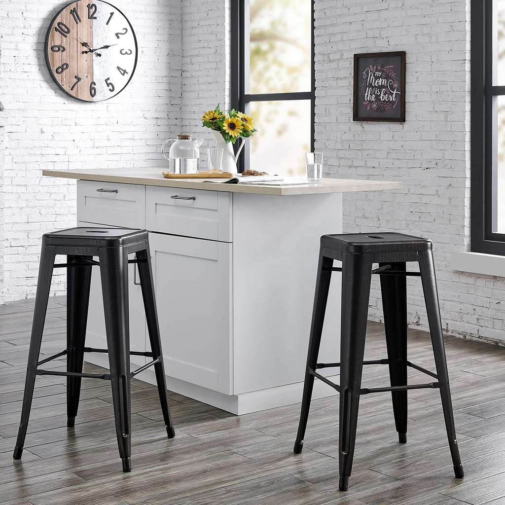 30" Metal Bar Stools Set of 2 Industrial Iron Stackable for Kitchen Indoor/Outdoor Patio Distressed Black