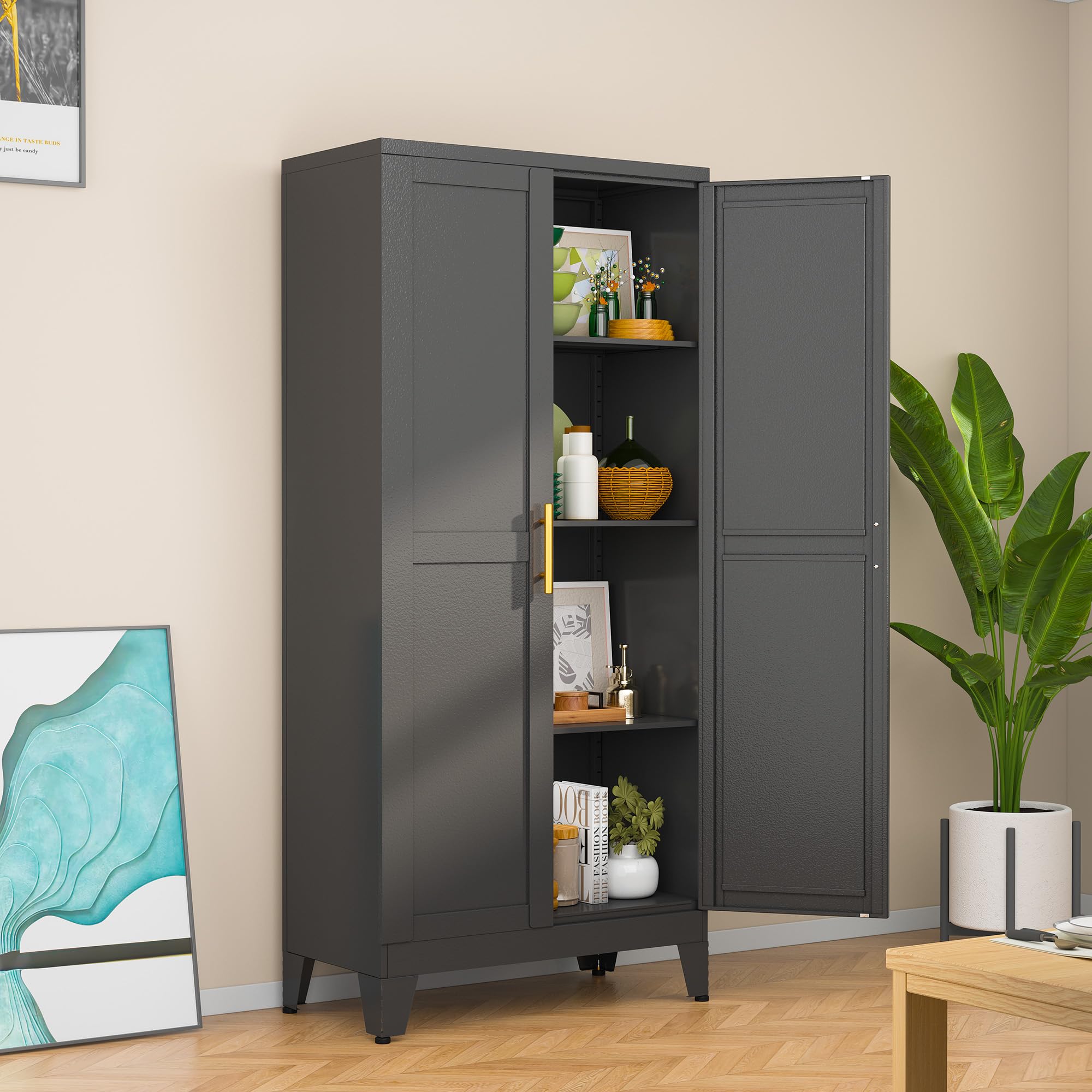 Black Metal Storage Cabinet, 61" Steel Cabinets for Home Office, Kitchen Pantry Storage Cabinet with Doors and 3 Adjustable Shelves, Metal Tool Cabinet, for Office, Home, Garage, School