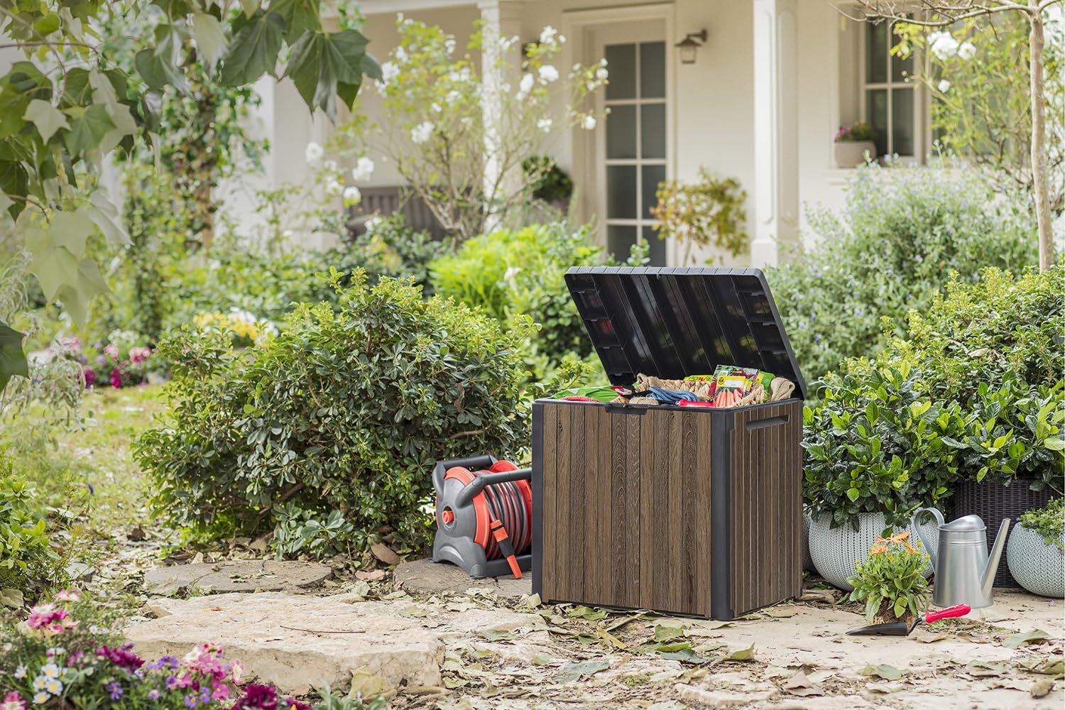 Keter Signature Everwood 30 Gallon Resin Outdoor Storage Box and Patio Furniture Side Table for Pool and Garden Accessories, Walnut