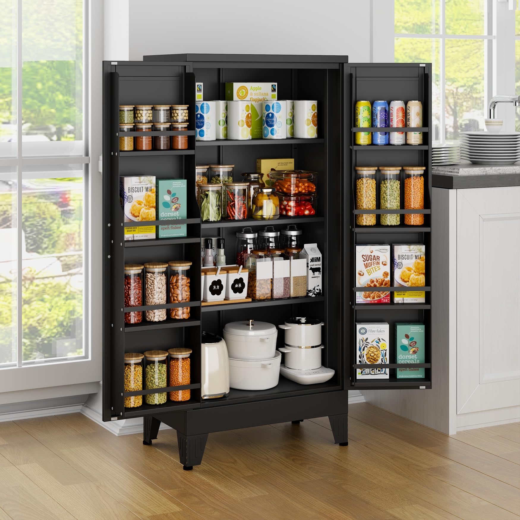 Black Metal Storage Cabinet, 61" Steel Cabinets for Home Office, Kitchen Pantry Storage Cabinet with Doors and 3 Adjustable Shelves, Metal Tool Cabinet, for Office, Home, Garage, School