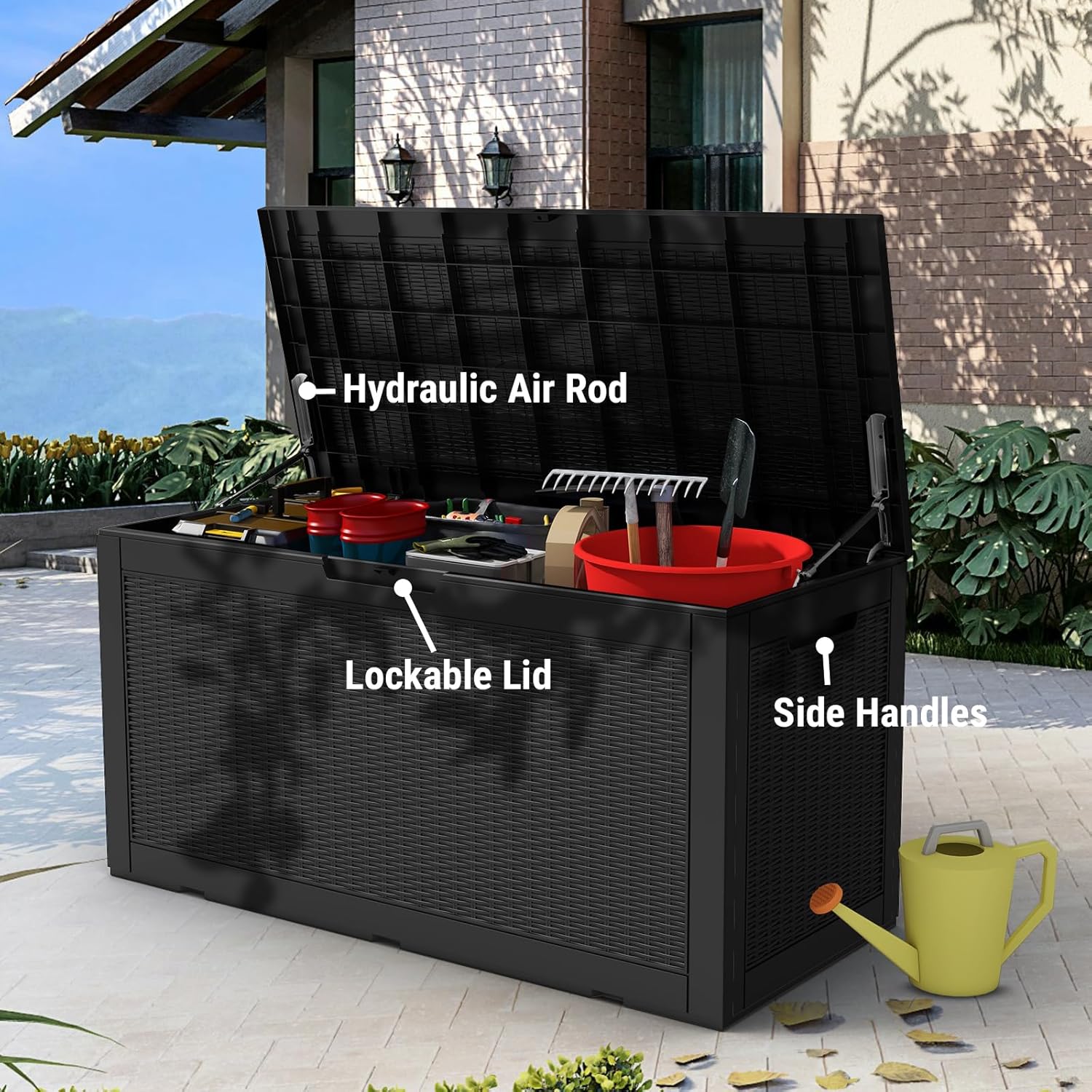 Mars Villa 100 Gallon Outdoor Storage Box, Large Resin Deck Box Waterproof, for Outside Patio Furniture Cushion, Pool Supply, with Hydraulic Hinge, UV-Resistant and Weatherproof, Rattan Black