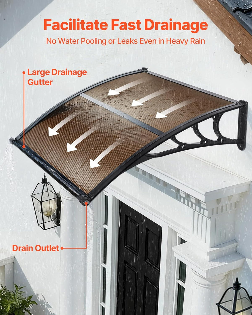 VEVOR Awnings for Door Entrance, 38" x 40" Window Door Awning Canopy Exterior with Drainage & ABS Bracket, Polycarbonate Cover Patio Door Awnings for Sun, UV, Rain, Snow Protection（Brown）