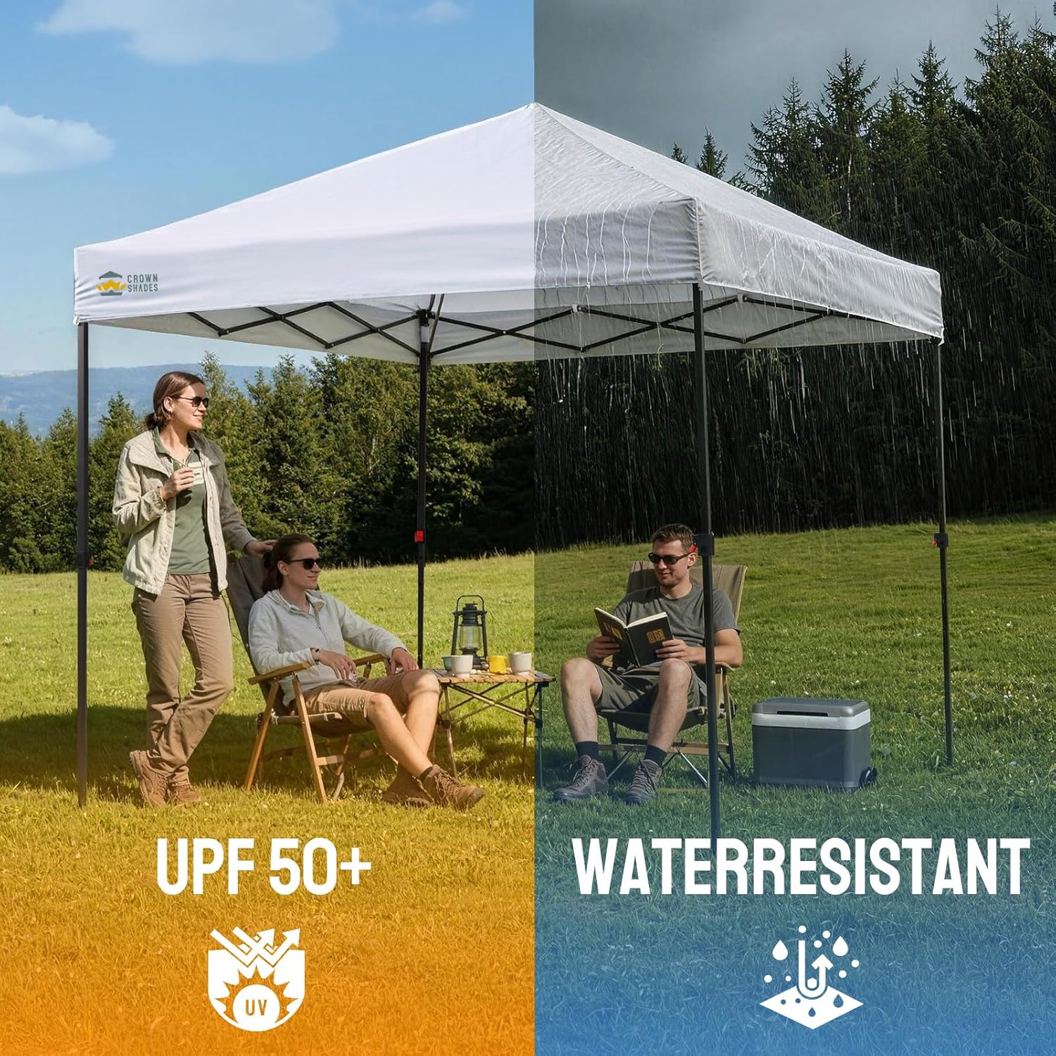 CROWN SHADES 8x8 Pop Up Canopy - Patented Center Lock One Push Instant Outdoor Canopy Beach Tent with STO-N-Go Bag 8 Stakes & 4 Sand Bags，White