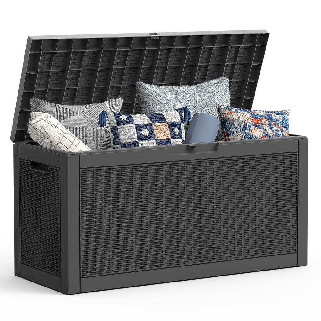 Mars Villa 100 Gallon Outdoor Storage Box, Large Resin Deck Box Waterproof, for Outside Patio Furniture Cushion, Pool Supply, with Hydraulic Hinge, UV-Resistant and Weatherproof, Rattan Black
