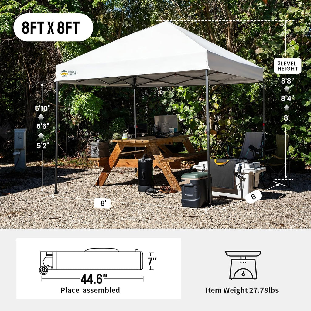 CROWN SHADES 8x8 Pop Up Canopy - Patented Center Lock One Push Instant Outdoor Canopy Beach Tent with STO-N-Go Bag 8 Stakes & 4 Sand Bags，White