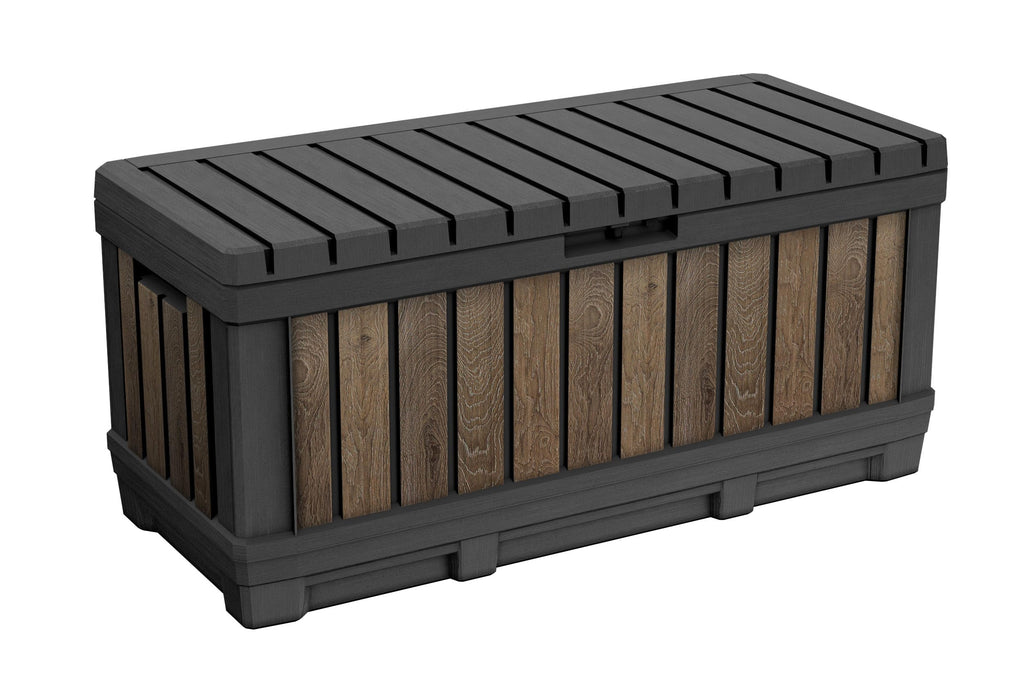 Keter Signature Everwood 30 Gallon Resin Outdoor Storage Box and Patio Furniture Side Table for Pool and Garden Accessories, Walnut